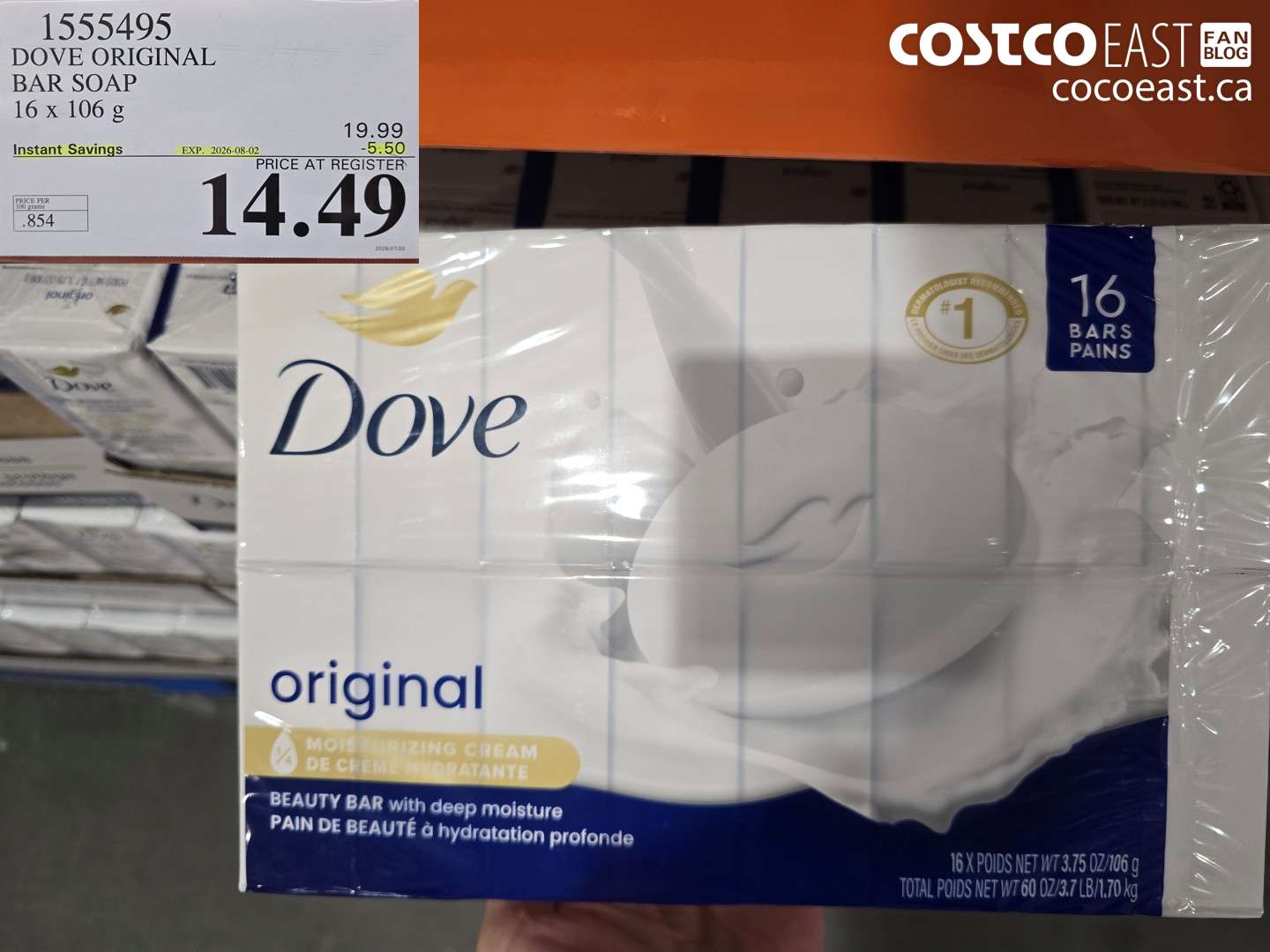 1555495 DOVE ORIGINAL BAR SOAP 16 X 106 G ($5.50 INSTANT SAVINGS EXPIRES ON 2026-08-02) $14.49