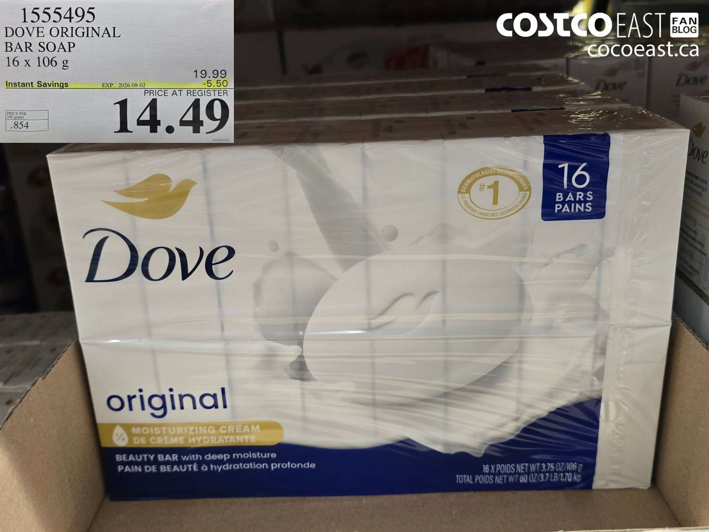 1555495 DOVE ORIGINAL BAR SOAP 16 X 106 G ($5.50 INSTANT SAVINGS EXPIRES ON 2026-08-02) $14.49