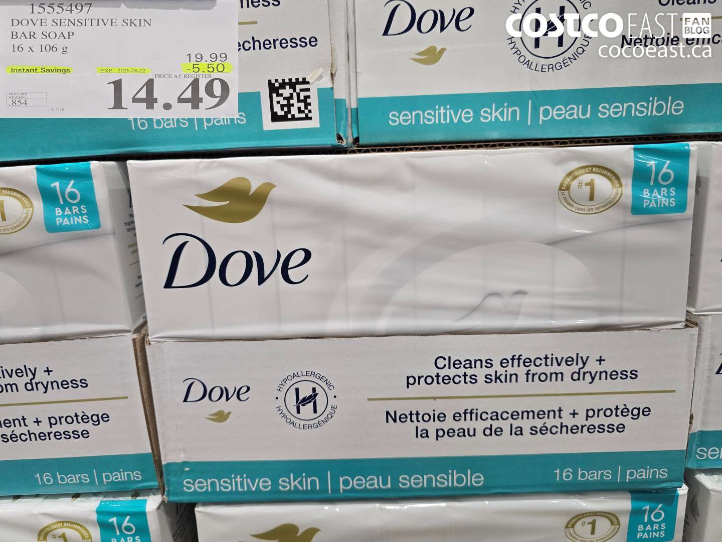 1555497 DOVE SENSITIVE SKIN BAR SOAP 16 X 106 G ($5.50 INSTANT SAVINGS EXPIRES ON 2026-08-02) $14.49