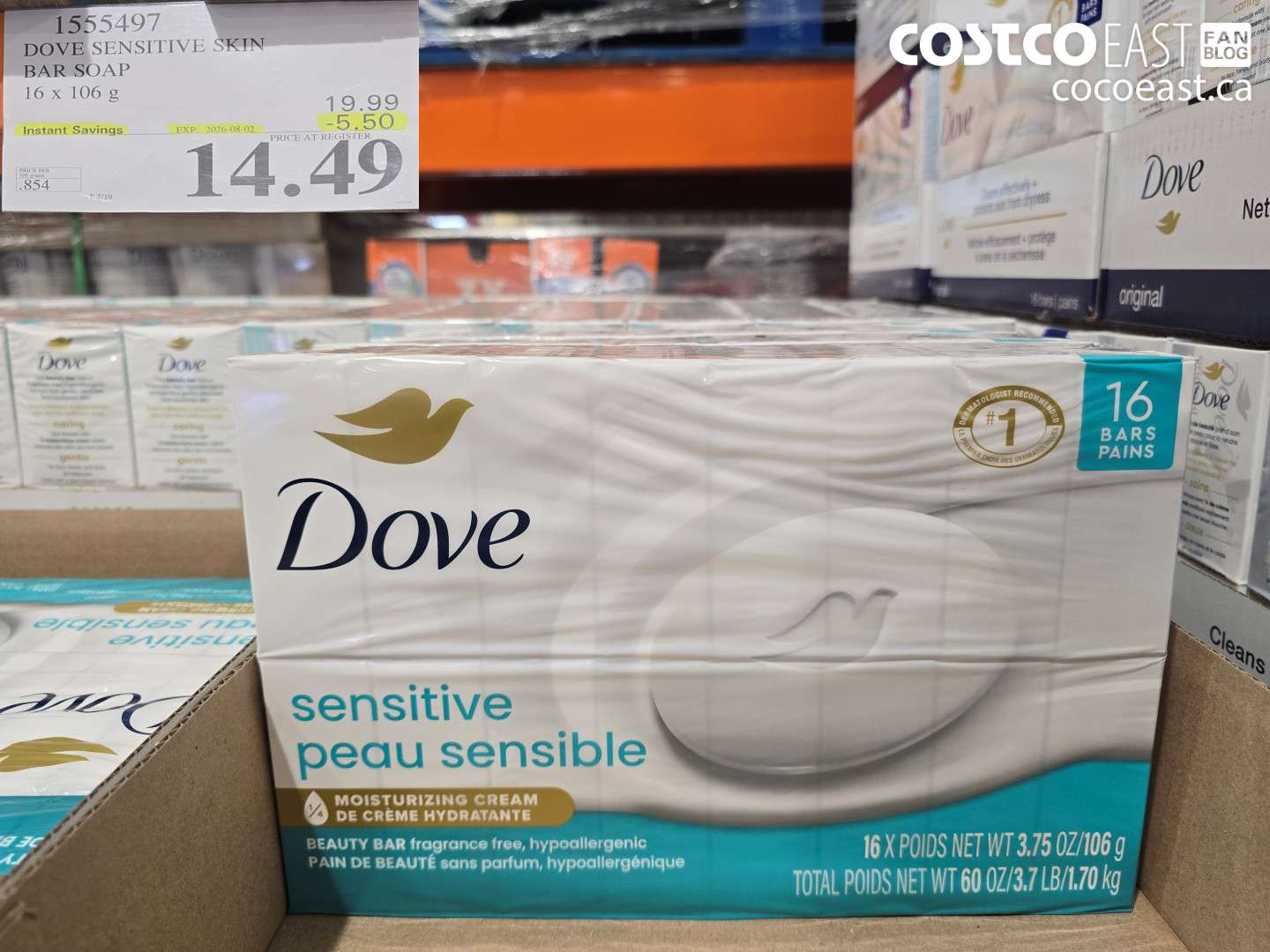 1555497 DOVE SENSITIVE SKIN BAR SOAP 16 X 106 G ($5.50 INSTANT SAVINGS EXPIRES ON 2026-08-02) $14.49