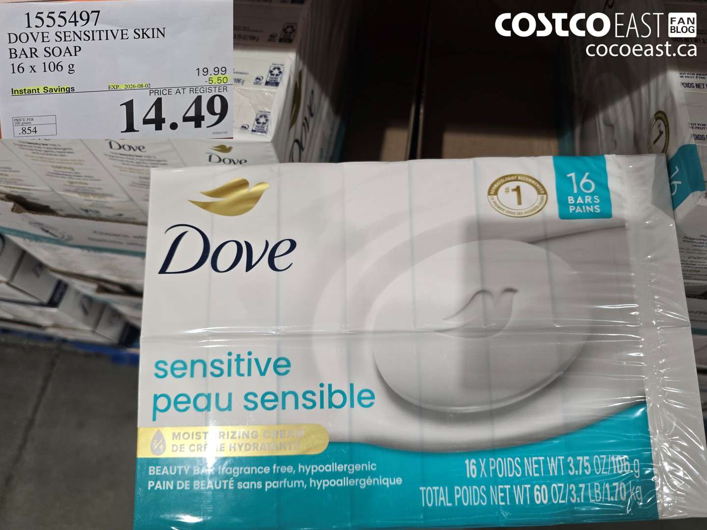 1555497 DOVE SENSITIVE SKIN BAR SOAP 16 X 106 G ($5.50 INSTANT SAVINGS EXPIRES ON 2026-08-02) $14.49