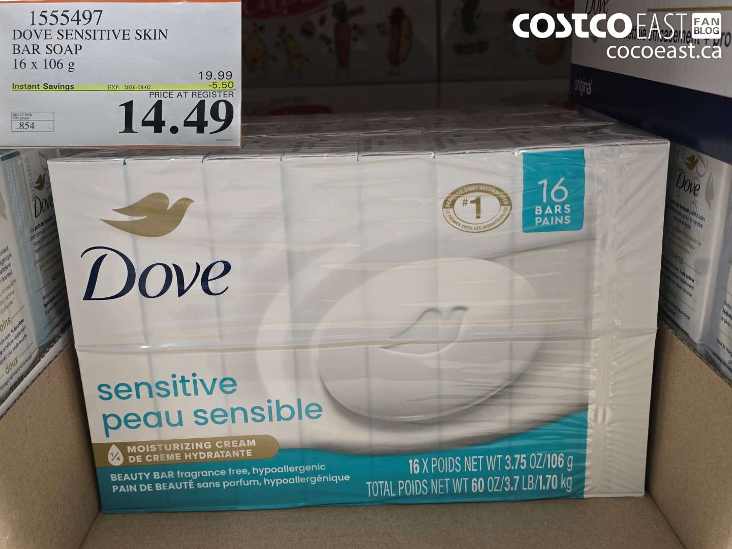 1555497 DOVE SENSITIVE SKIN BAR SOAP 16 X 106 G ($5.50 INSTANT SAVINGS EXPIRES ON 2026-08-02) $14.49
