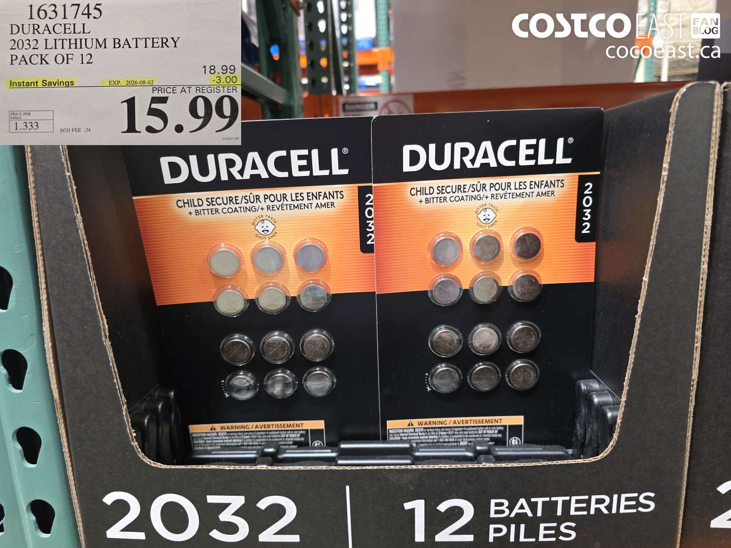 1631745 DURACELL 2032 LITHIUM BATTERY PACK OF 12 ($3.00 INSTANT SAVINGS EXPIRES ON 2026-08-02) $15.99