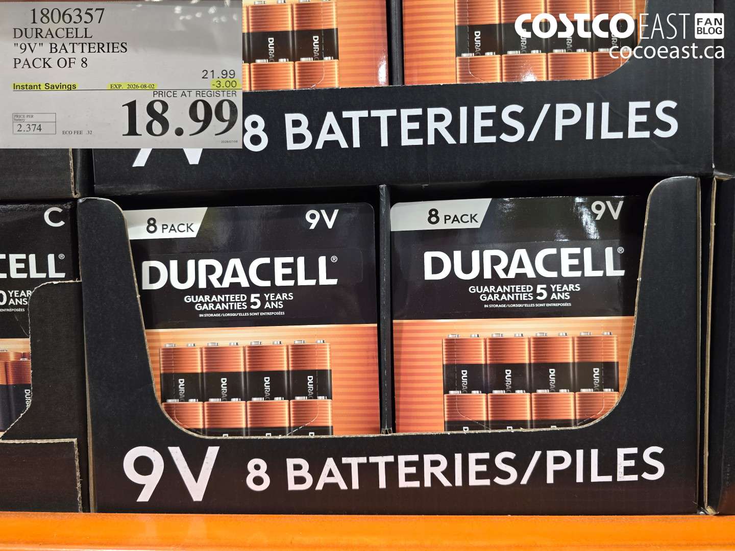 1806357 DURACELL 9V BATTERIES PACK OF 8 ($3.00 INSTANT SAVINGS EXPIRES ON 2026-08-02) $18.99