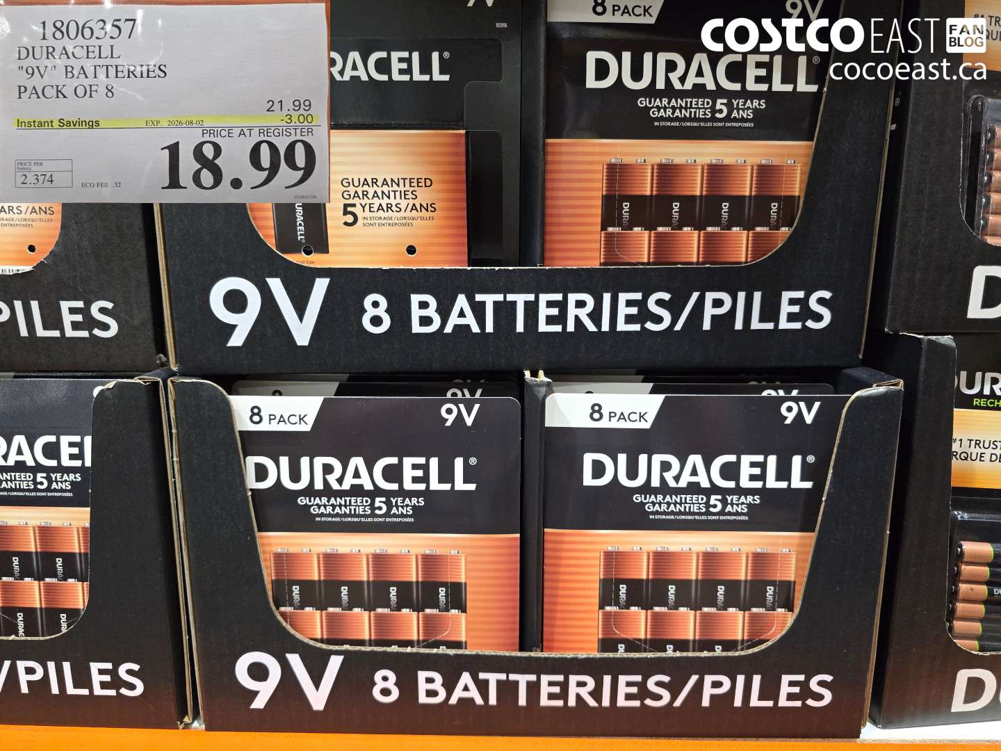 1806357 DURACELL 9V BATTERIES PACK OF 8 ($3.00 INSTANT SAVINGS EXPIRES ON 2026-08-02) $18.99