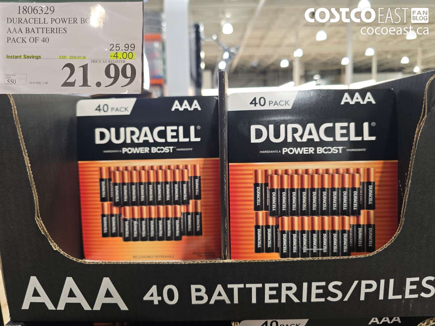 1806329 DURACELL POWER BOOST AAA BATTERIES PACK OF 40 ($4.00 INSTANT SAVINGS EXPIRES ON 2026-07-26) $21.99