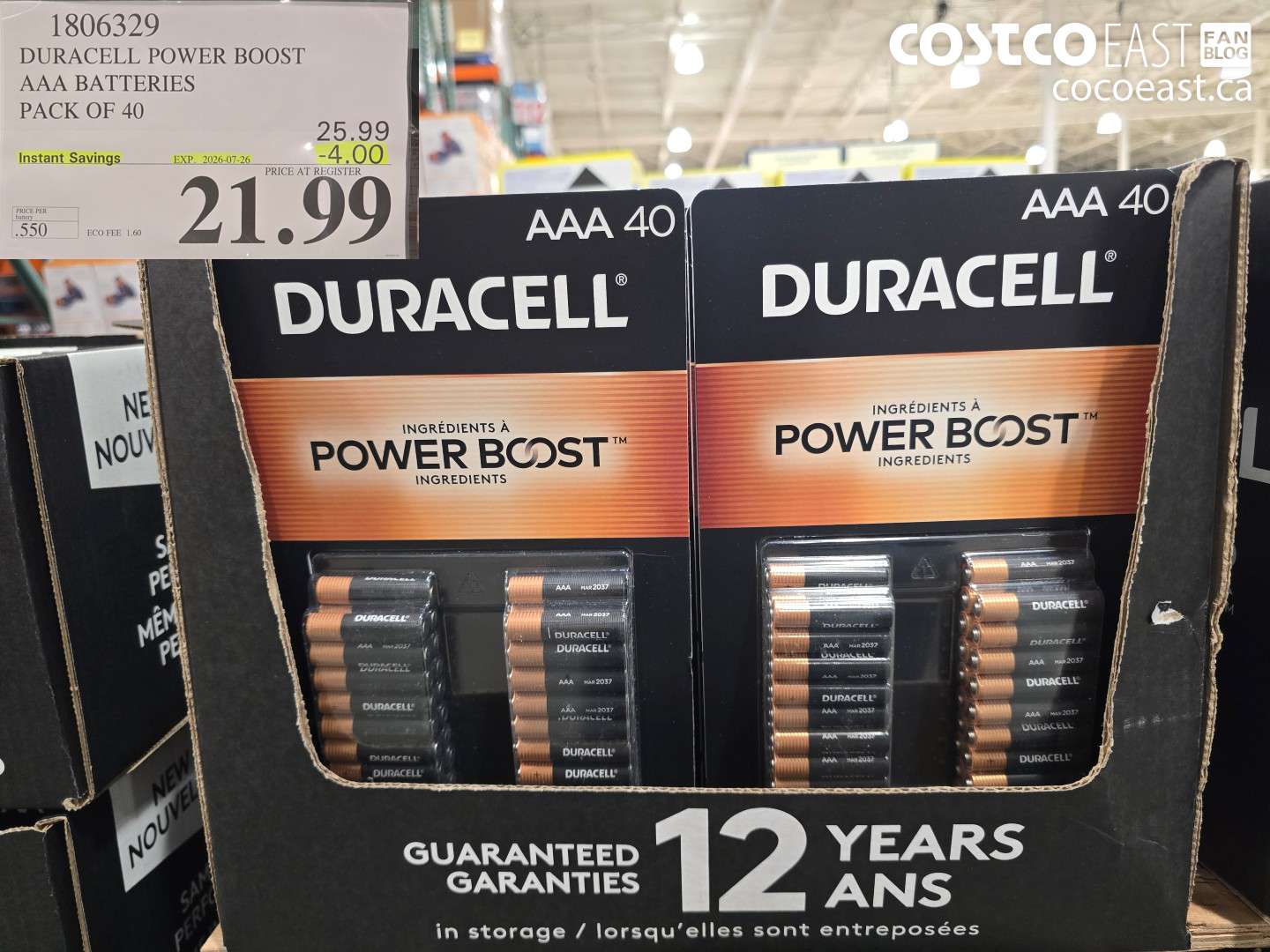 1806329 DURACELL POWER BOOST AAA BATTERIES PACK OF 40 ($4.00 INSTANT SAVINGS EXPIRES ON 2026-07-26) $21.99