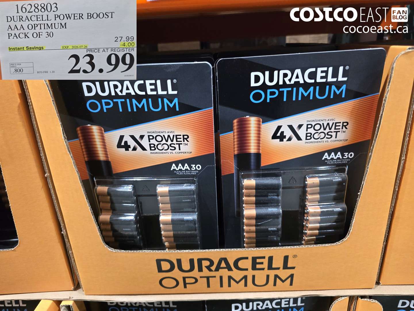 1628803 DURACELL POWER BOOST AAA OPTIMUM PACK OF 30 ($4.00 INSTANT SAVINGS EXPIRES ON 2026-07-26) $23.99