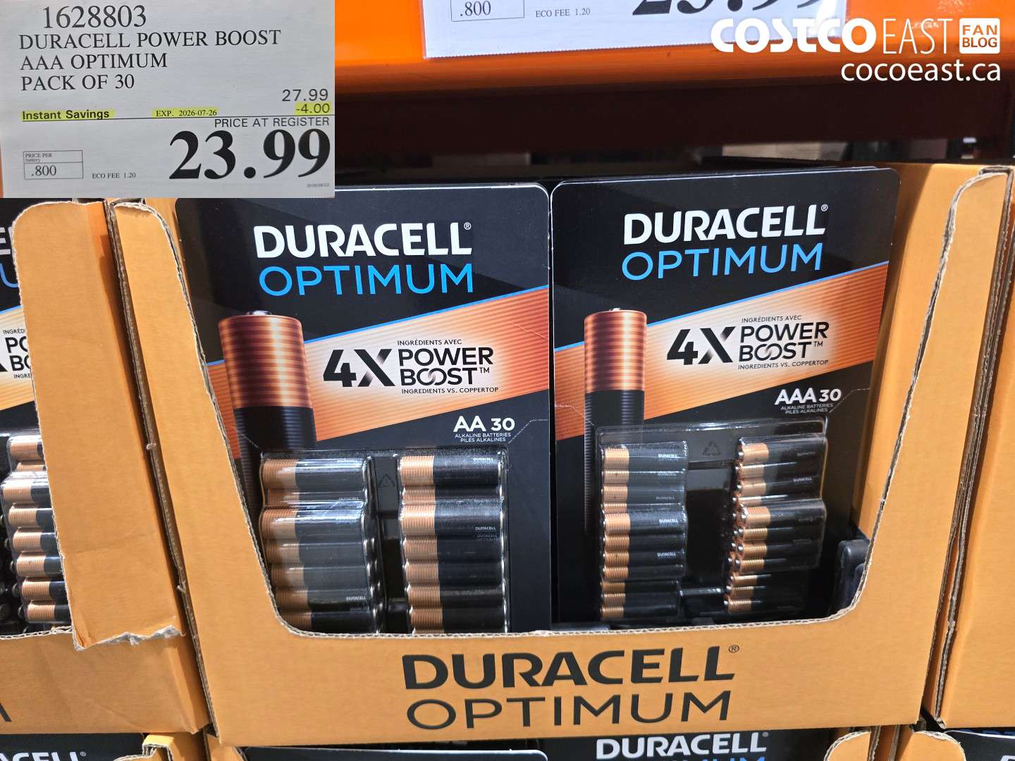 1628803 DURACELL POWER BOOST AAA OPTIMUM PACK OF 30 ($4.00 INSTANT SAVINGS EXPIRES ON 2026-07-26) $23.99