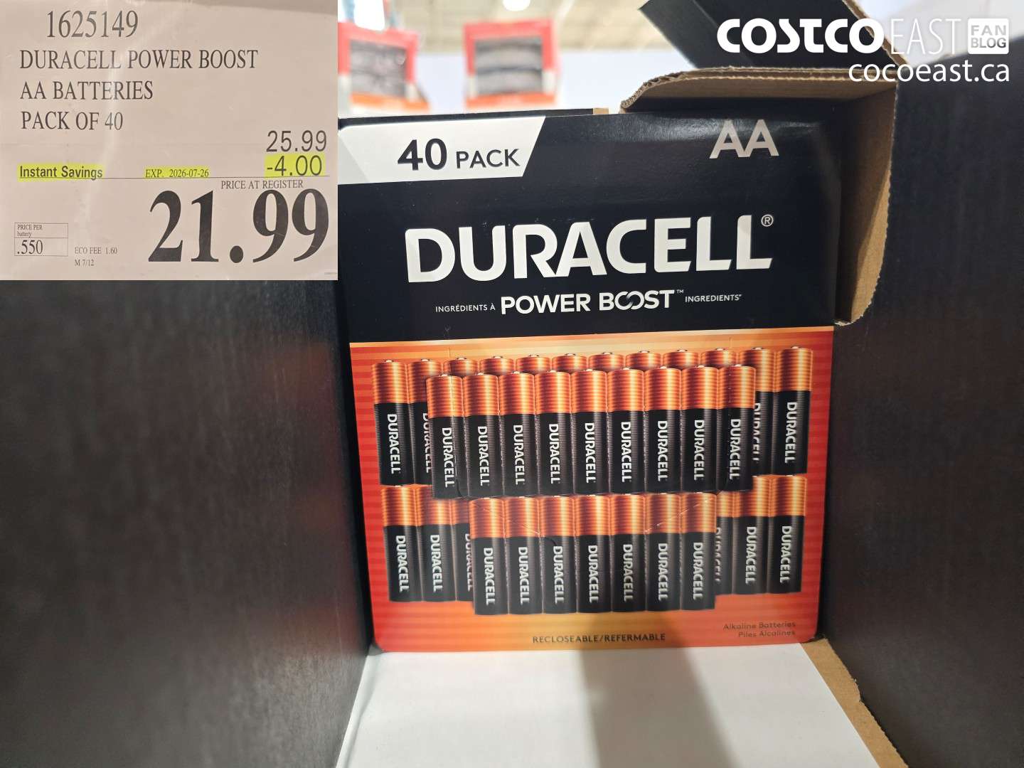 1625149 DURACELL POWER BOOST AA BATTERIES PACK OF 40 ($4.00 INSTANT SAVINGS EXPIRES ON 2026-07-26) $21.99