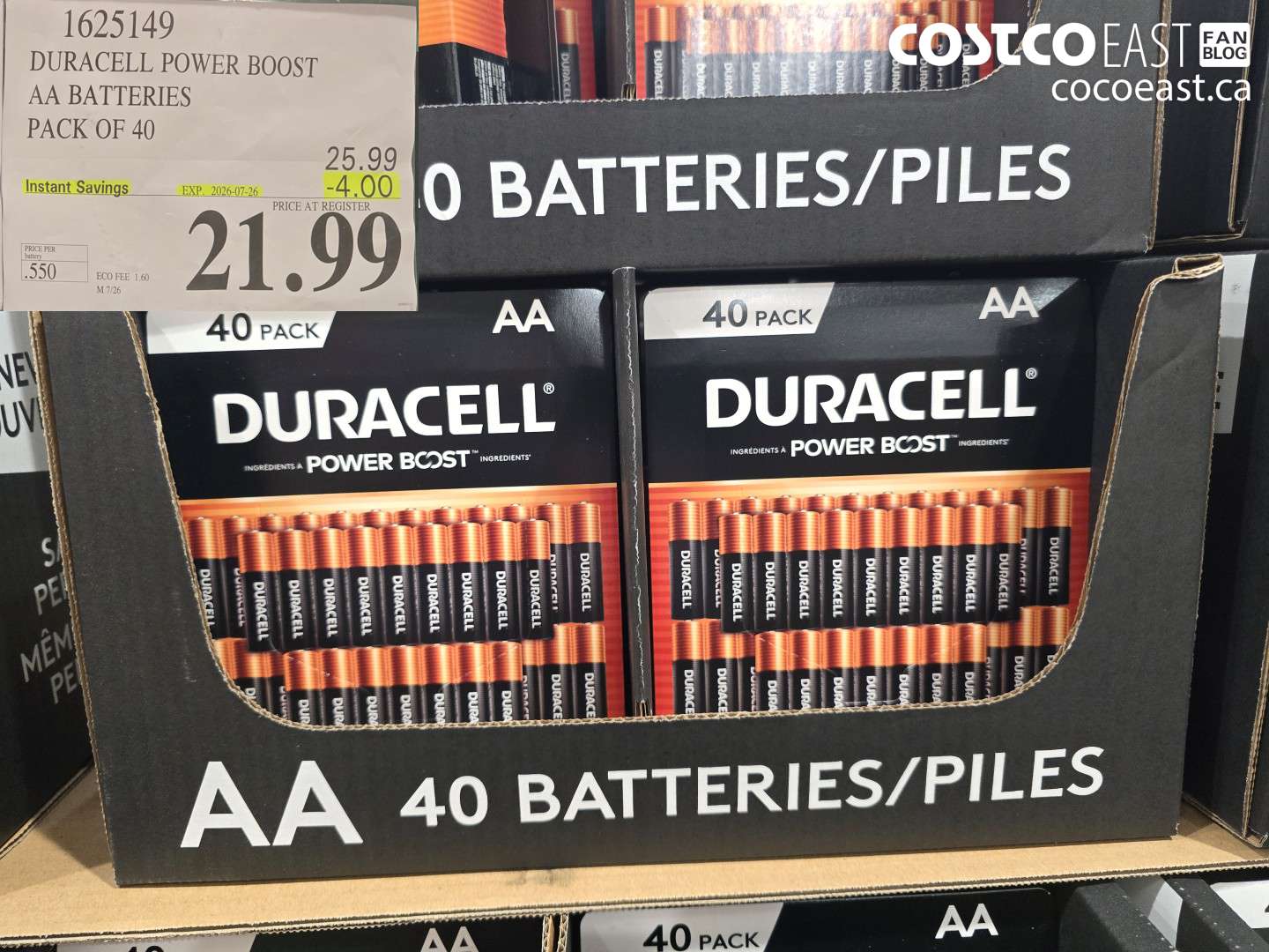 1625149 DURACELL POWER BOOST AA BATTERIES PACK OF 40 ($4.00 INSTANT SAVINGS EXPIRES ON 2026-07-26) $21.99