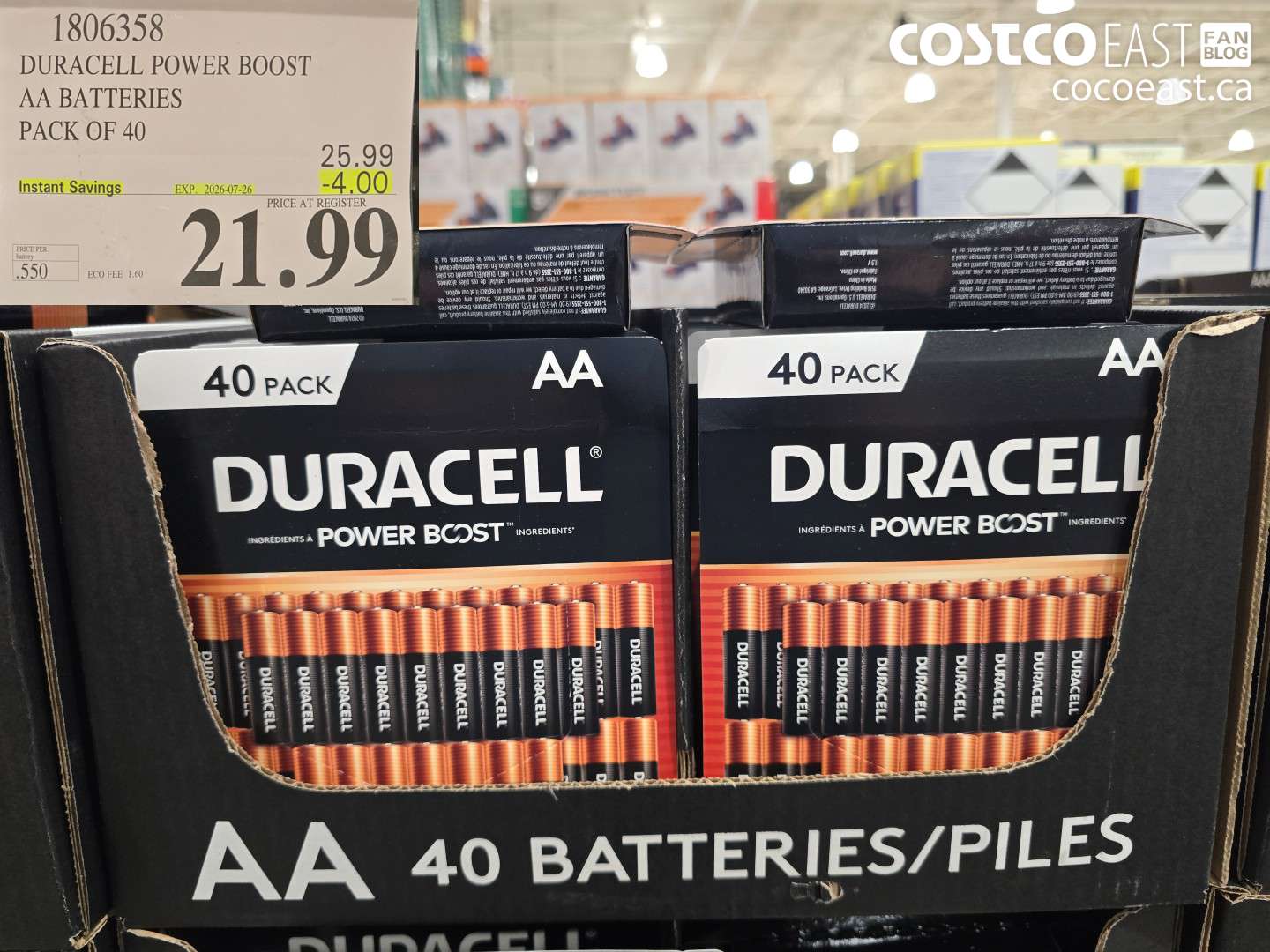 1806358 DURACELL POWER BOOST AA BATTERIES PACK OF 40 ($4.00 INSTANT SAVINGS EXPIRES ON 2026-07-26) $21.99
