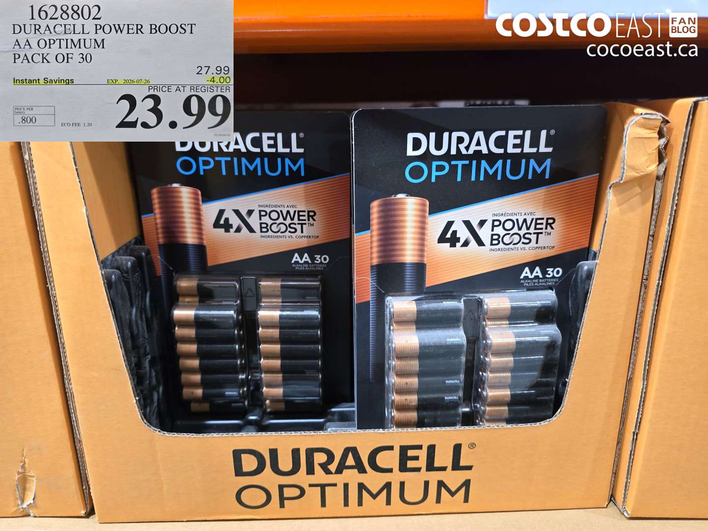 1628802 DURACELL POWER BOOST AA OPTIMUM PACK OF 30 ($4.00 INSTANT SAVINGS EXPIRES ON 2026-07-26) $23.99