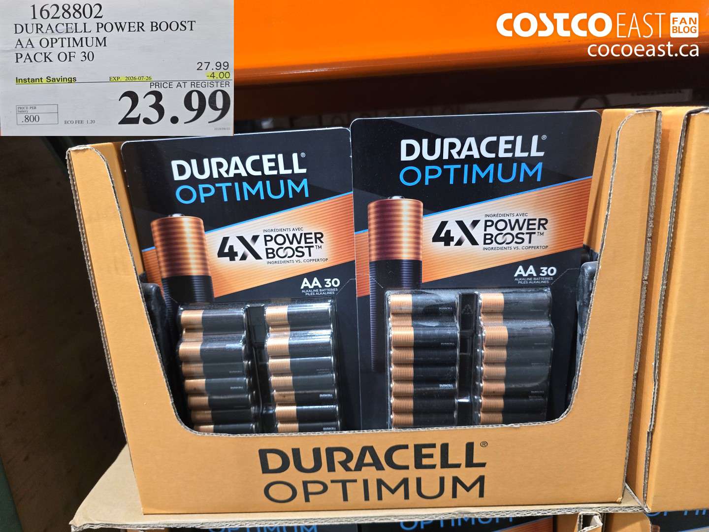 1628802 DURACELL POWER BOOST AA OPTIMUM PACK OF 30 ($4.00 INSTANT SAVINGS EXPIRES ON 2026-07-26) $23.99