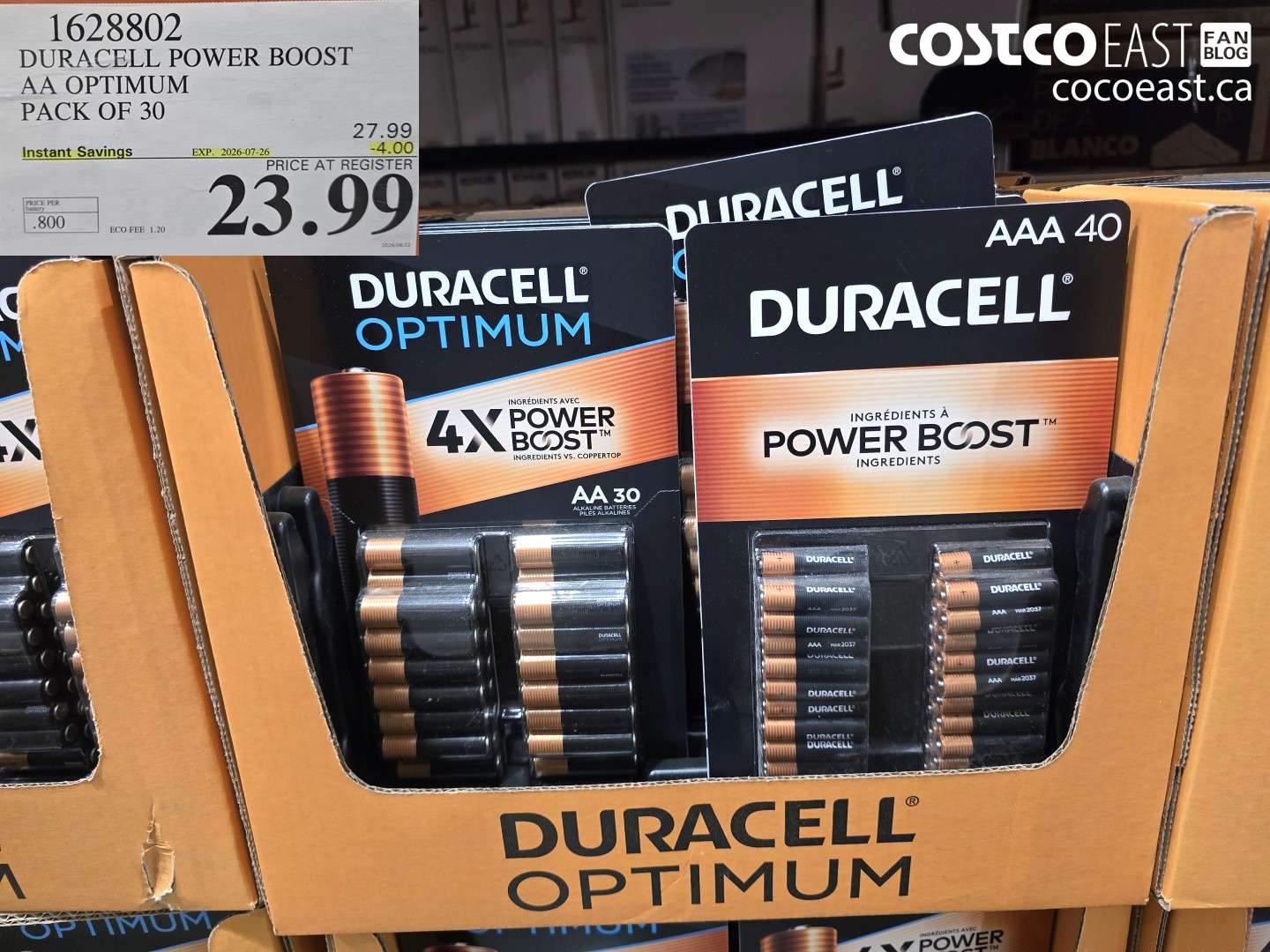 1628802 DURACELL POWER BOOST AA OPTIMUM PACK OF 30 ($4.00 INSTANT SAVINGS EXPIRES ON 2026-07-26) $23.99