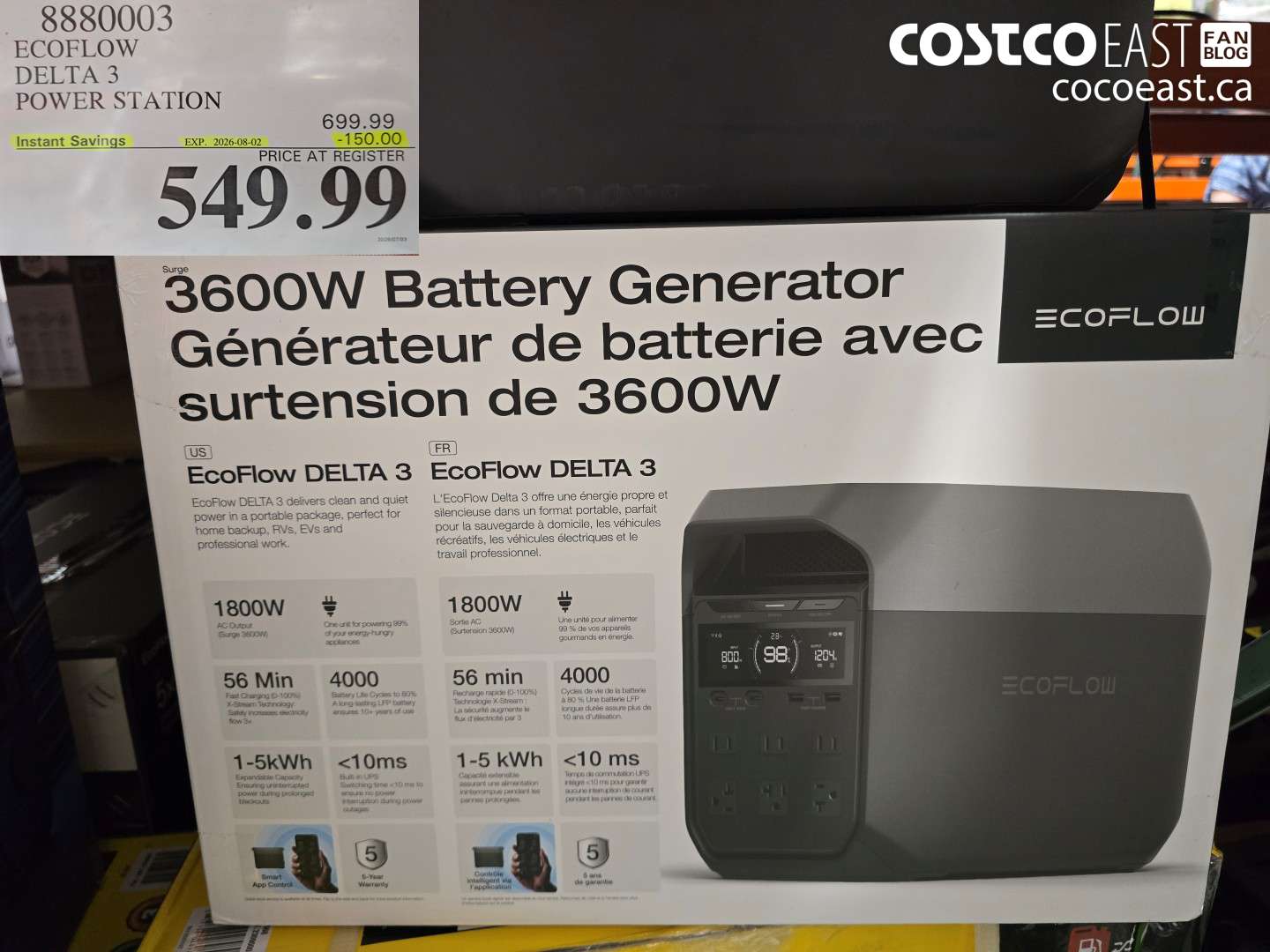 8880003 ECOFLOW DELTA 3 POWER STATION ($150.00 INSTANT SAVINGS EXPIRES ON 2026-08-02) $549.99