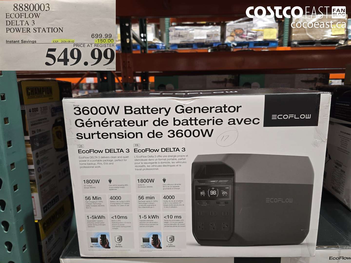 8880003 ECOFLOW DELTA 3 POWER STATION ($150.00 INSTANT SAVINGS EXPIRES ON 2026-08-02) $549.99