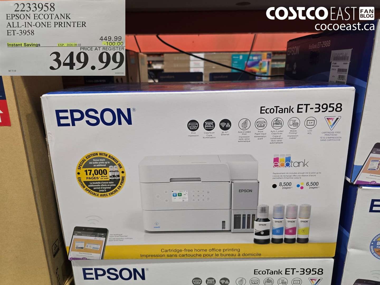 2233958 EPSON ECOTANK ALL-IN-ONE PRINTER ET-3958 ($100.00 INSTANT SAVINGS EXPIRES ON 2026-08-02) $349.99