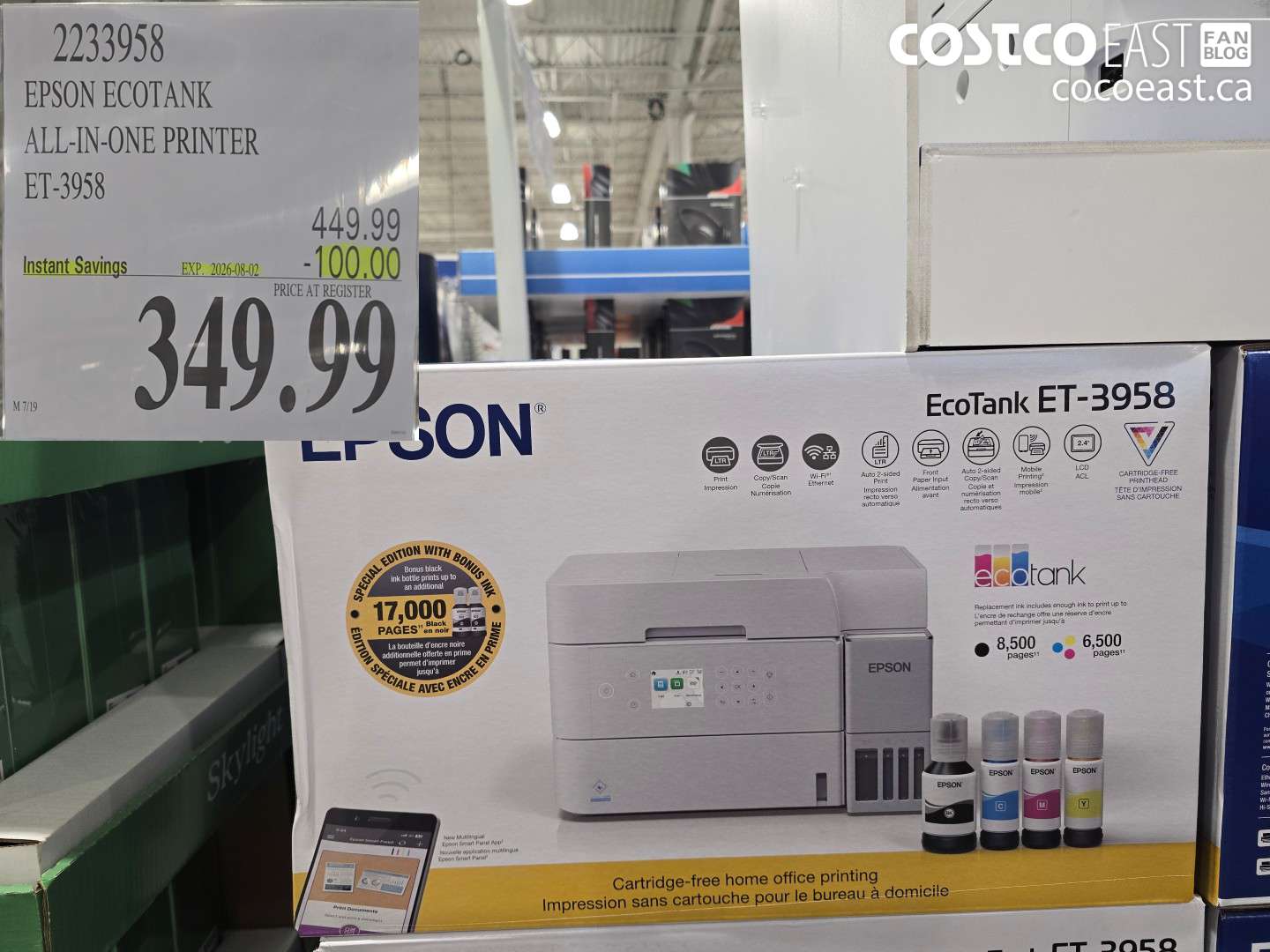 2233958 EPSON ECOTANK ALL-IN-ONE PRINTER ET-3958 ($100.00 INSTANT SAVINGS EXPIRES ON 2026-08-02) $349.99