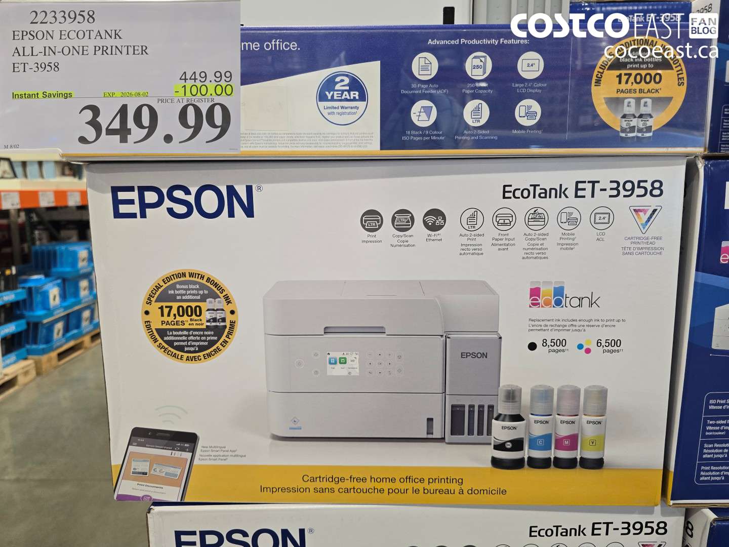 2233958 EPSON ECOTANK ALL-IN-ONE PRINTER ET-3958 ($100.00 INSTANT SAVINGS EXPIRES ON 2026-08-02) $349.99