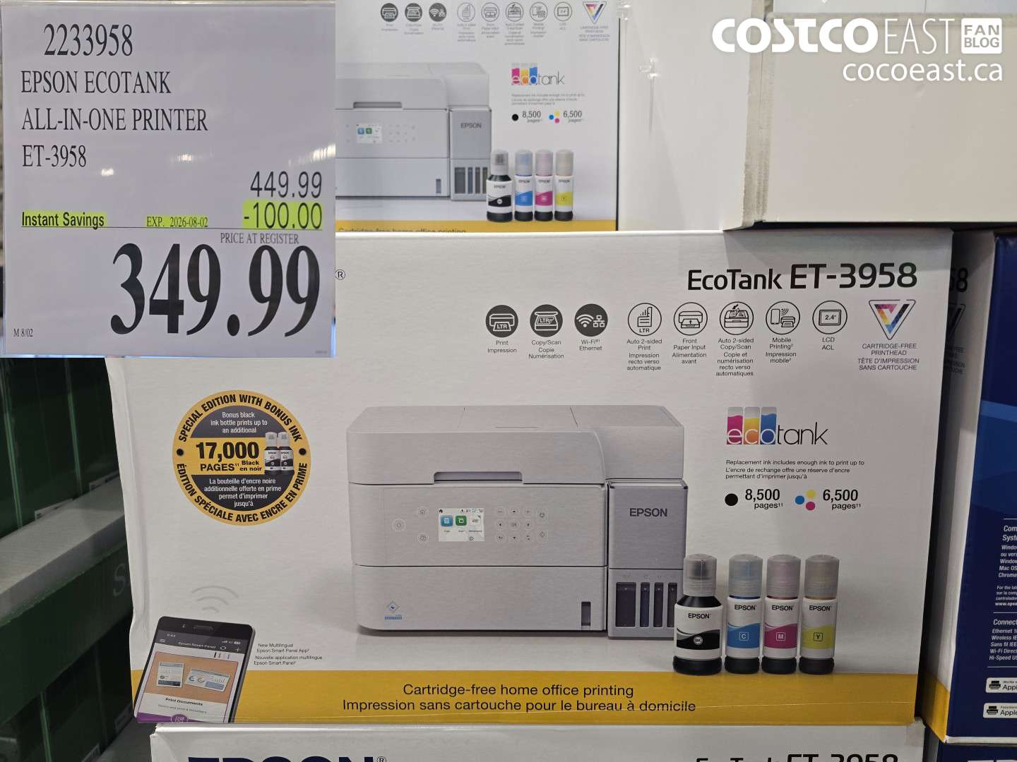 2233958 EPSON ECOTANK ALL-IN-ONE PRINTER ET-3958 ($100.00 INSTANT SAVINGS EXPIRES ON 2026-08-02) $349.99