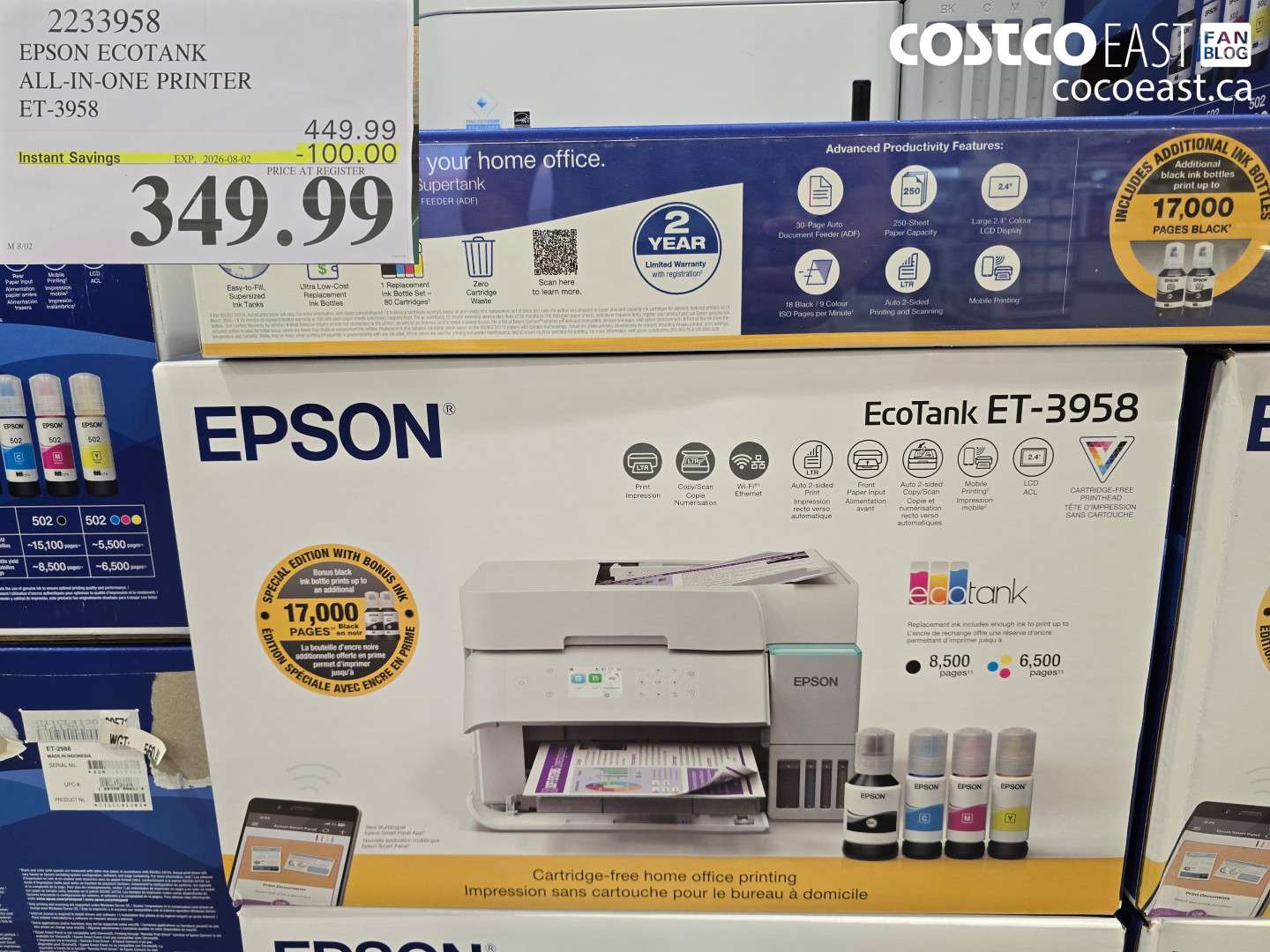 2233958 EPSON ECOTANK ALL-IN-ONE PRINTER ET-3958 ($100.00 INSTANT SAVINGS EXPIRES ON 2026-08-02) $349.99