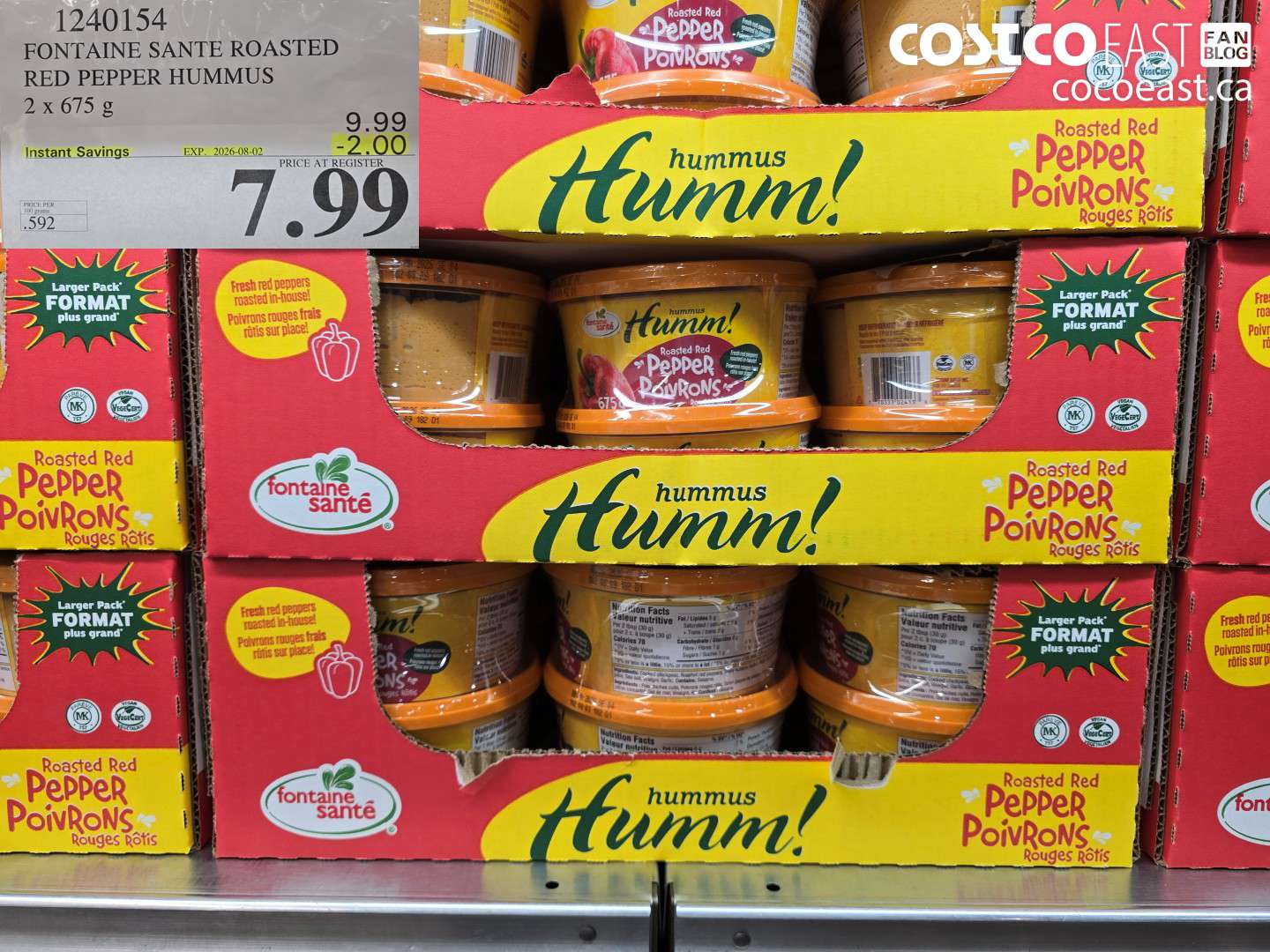 1240154 FONTAINE SANTE ROASTED RED PEPPER HUMMUS 2 X 675 G ($2.00 INSTANT SAVINGS EXPIRES ON 2026-08-02) $7.99