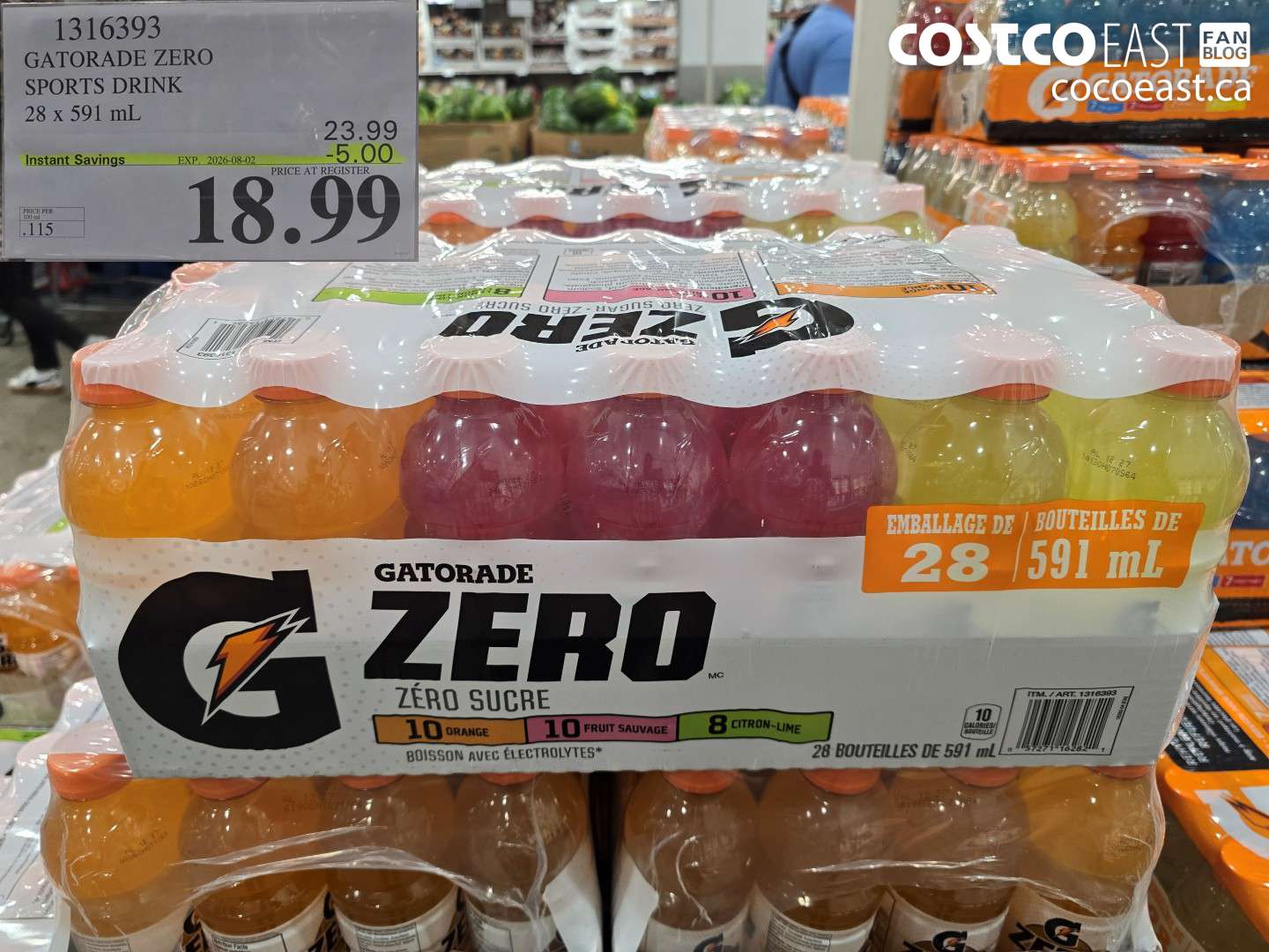 1316393 GATORADE ZERO SPORTS DRINK 28 X 591 ML ($5.00 INSTANT SAVINGS EXPIRES ON 2026-08-02) $18.99