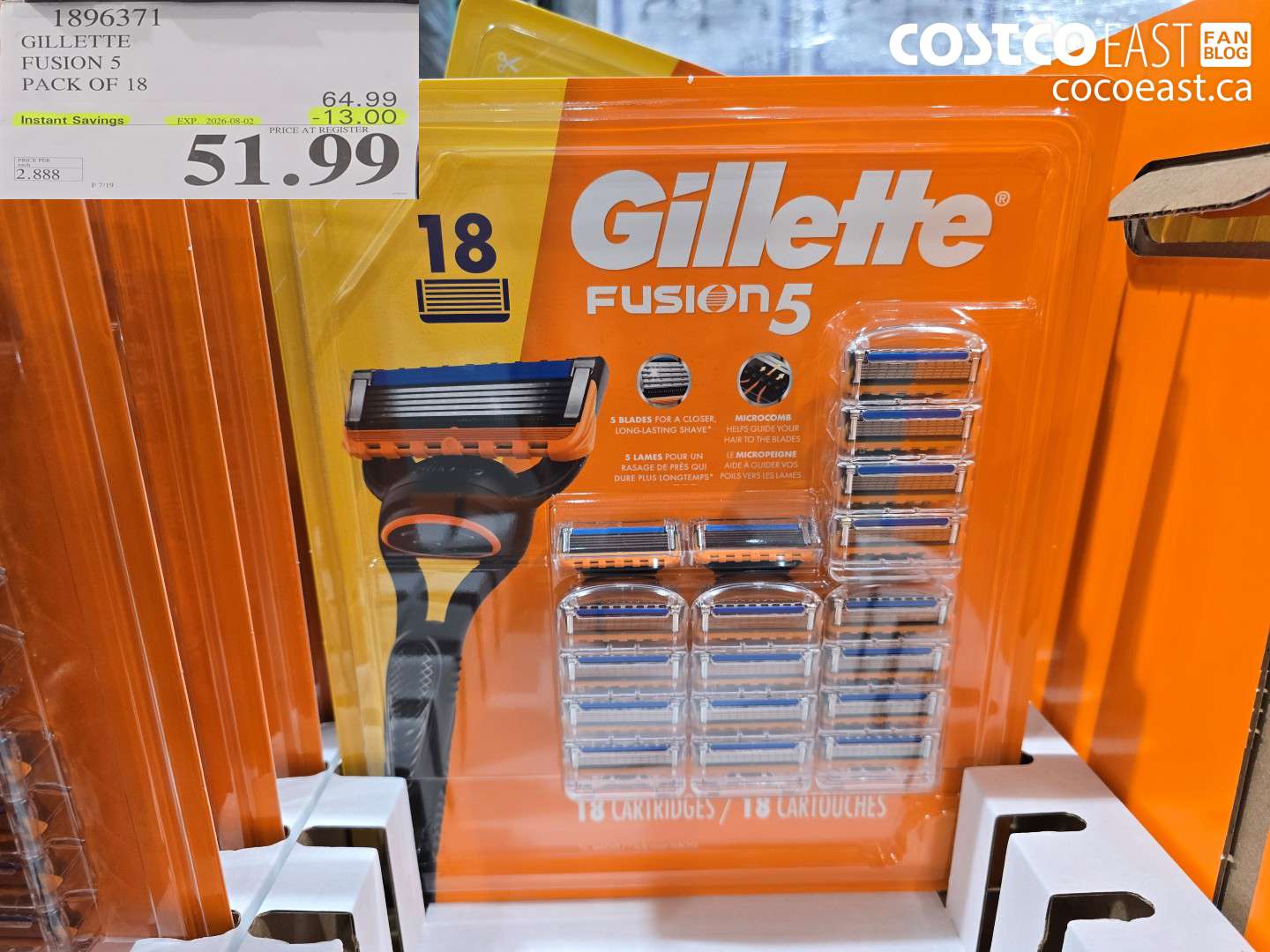 1896371 GILLETTE FUSION 5 PACK OF 18 ($13.00 INSTANT SAVINGS EXPIRES ON 2026-08-02) $51.99
