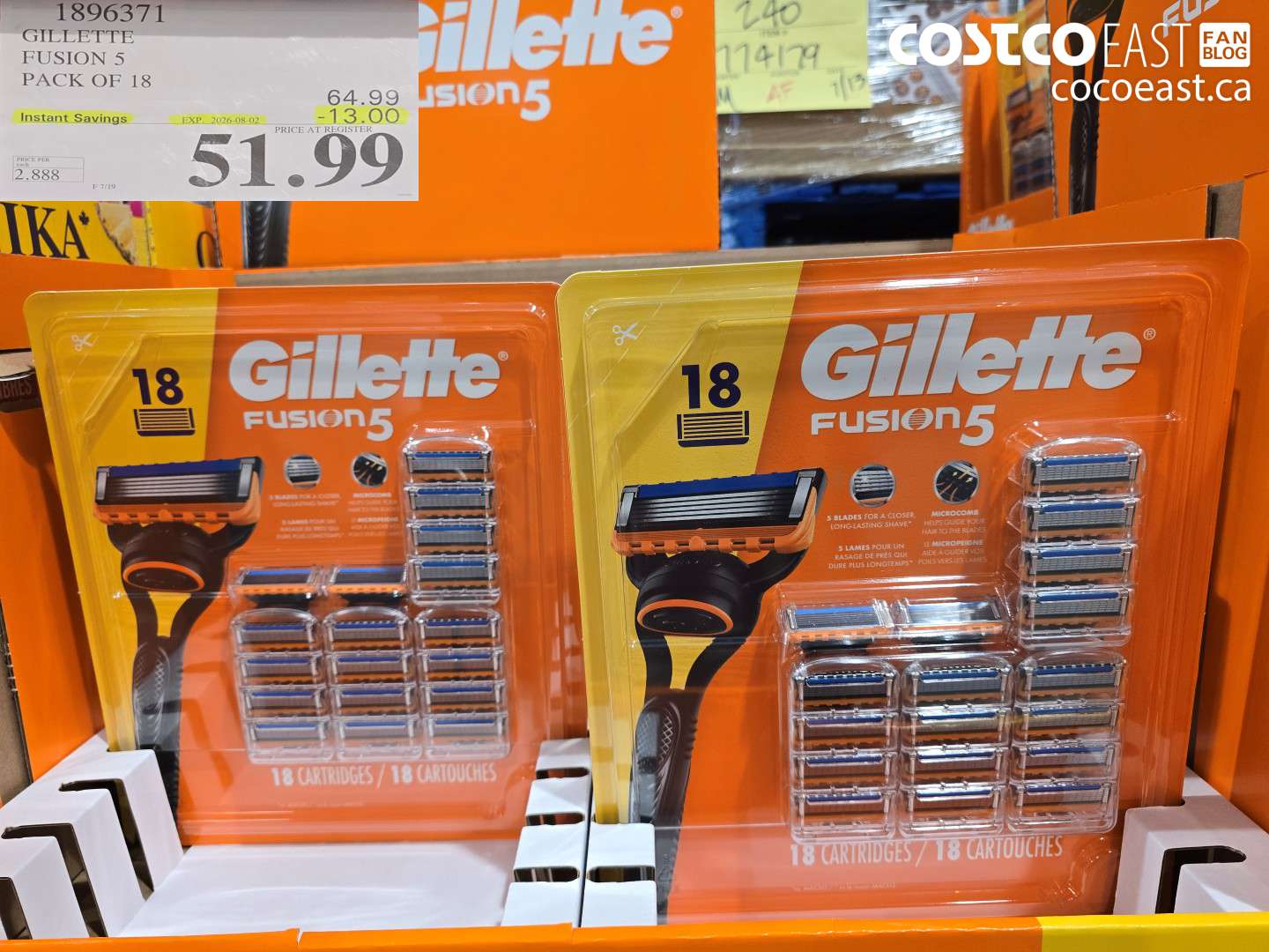 1896371 GILLETTE FUSION 5 PACK OF 18 ($13.00 INSTANT SAVINGS EXPIRES ON 2026-08-02) $51.99