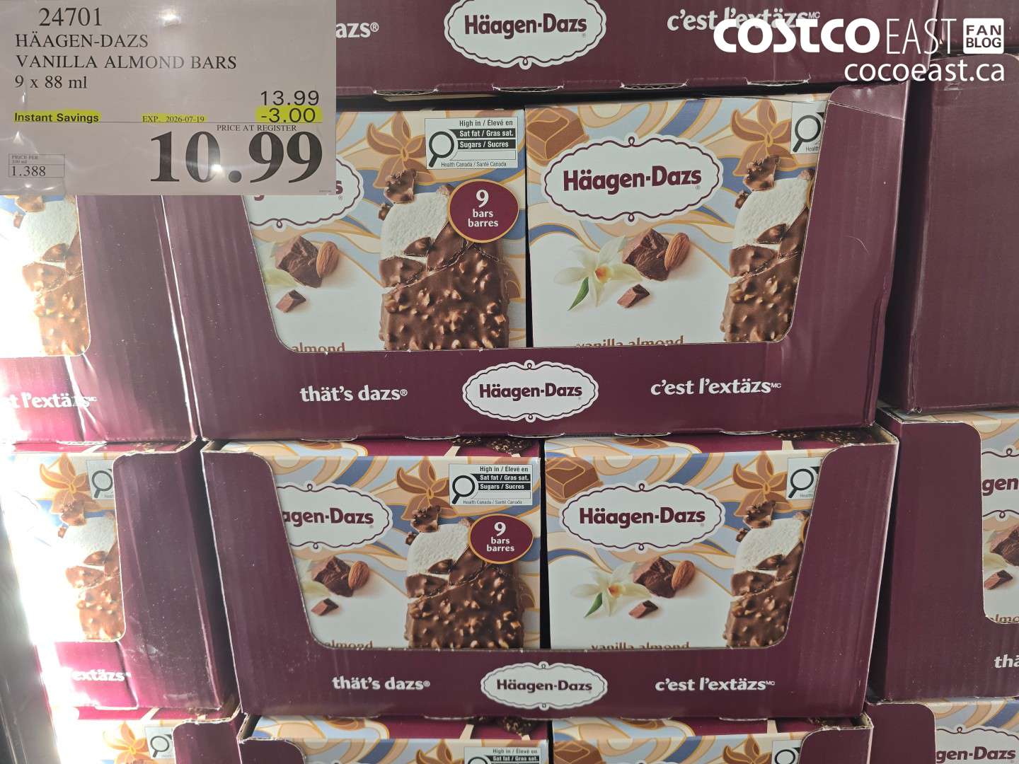 24701 HÄAGEN-DAZS VANILLA ALMOND BARS 9 X 88 ML ($3.00 INSTANT SAVINGS EXPIRES ON 2026-07-19) $10.99