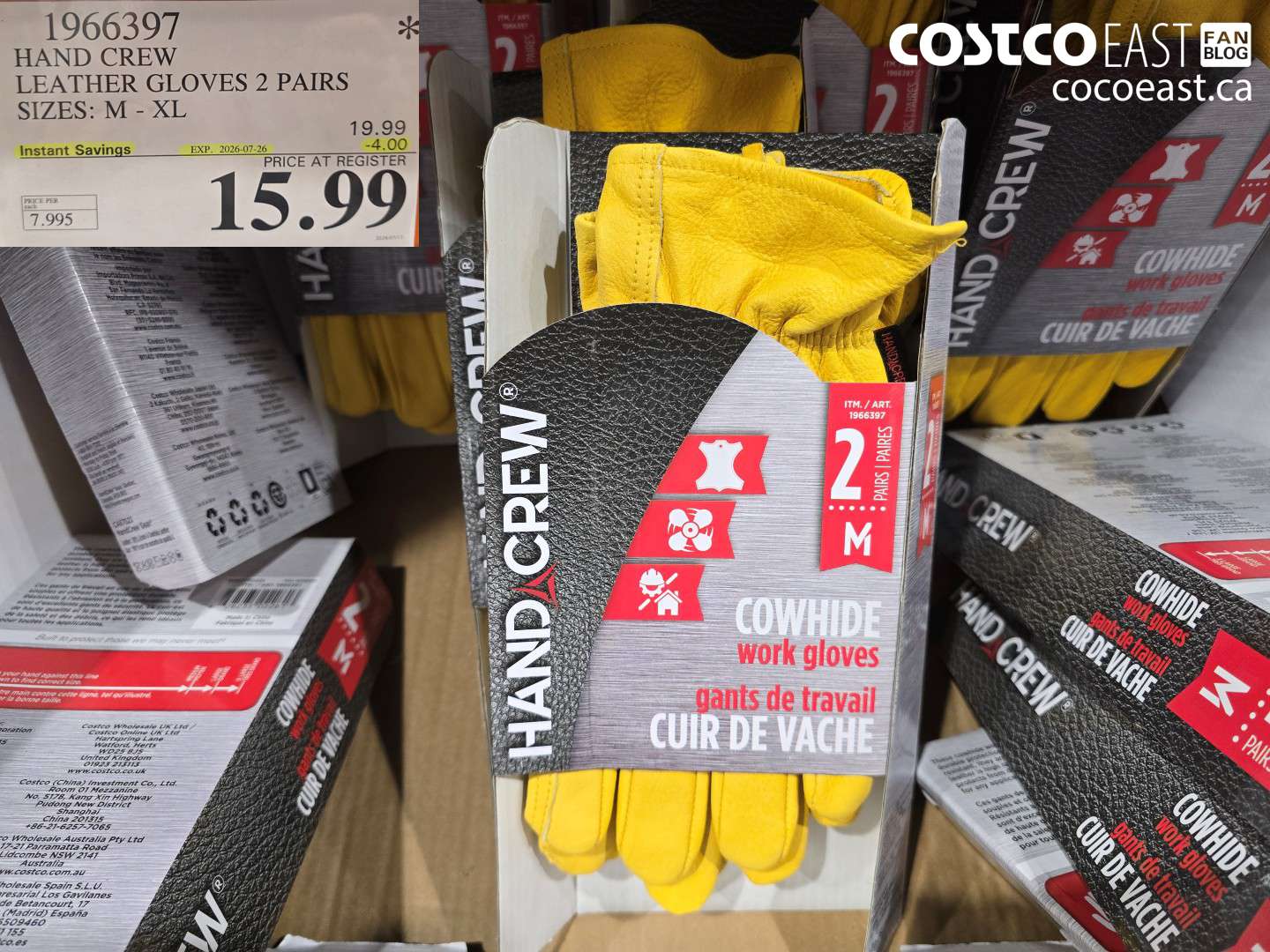 1966397 HAND CREW LEATHER GLOVES 2 PAIRS SIZES: M - XL ($4.00 INSTANT SAVINGS EXPIRES ON 2026-07-26) $15.99