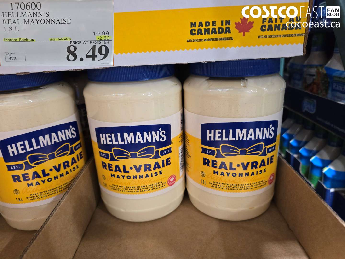 170600 HELLMANN'S REAL MAYONNAISE 1.8 L ($2.50 INSTANT SAVINGS EXPIRES ON 2026-07-19) $8.49