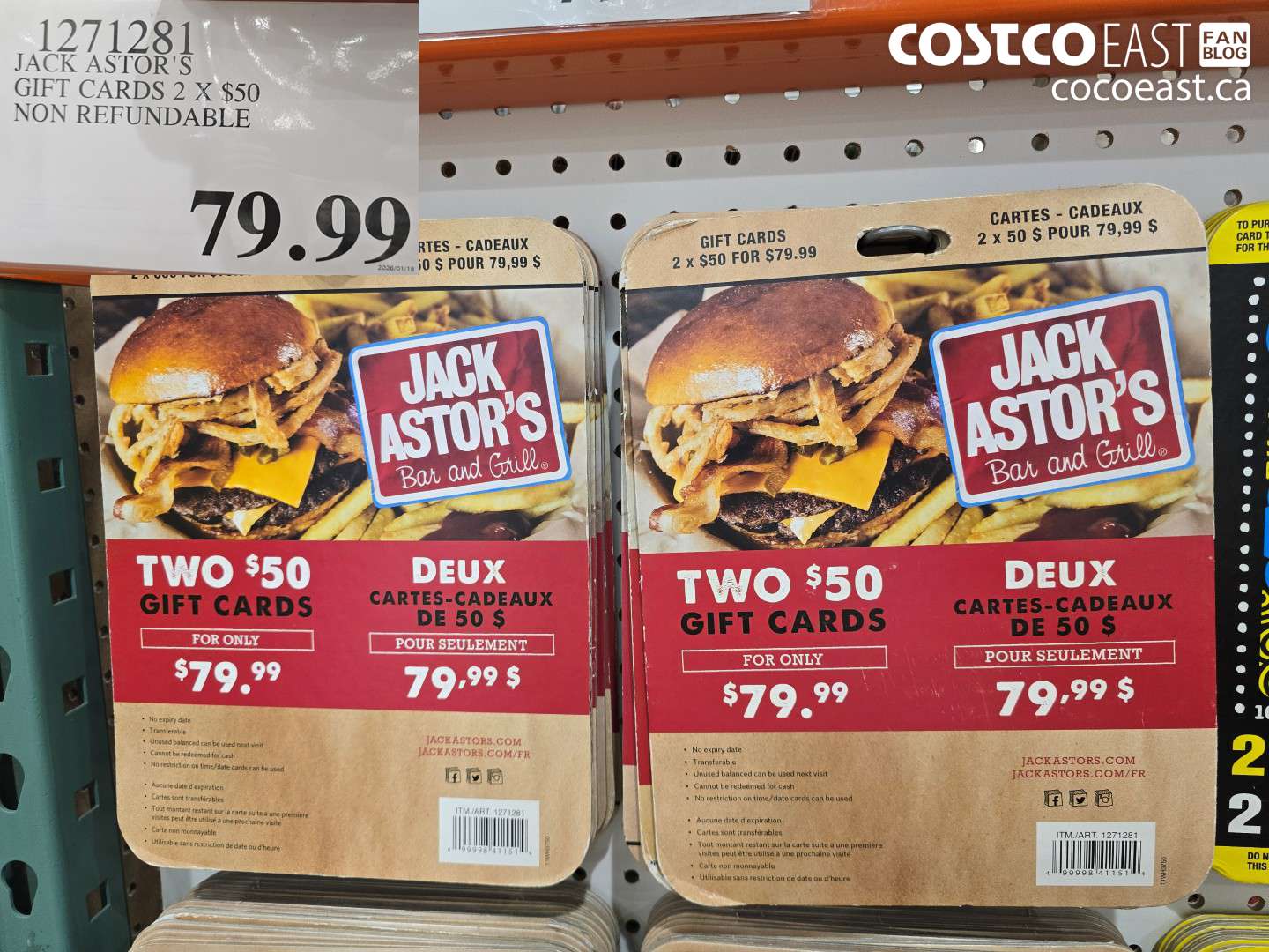 1271281 JACK ASTOR'S GIFT CARDS 2 X $50 NON REFUNDABLE $79.99