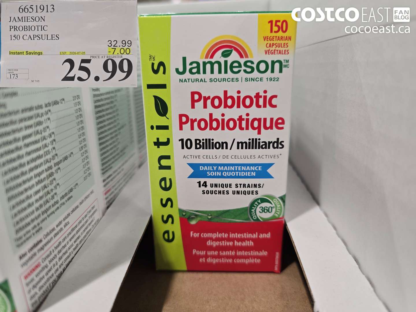 6651913 JAMIESON PROBIOTIC 150 CAPSULES ($7.00 INSTANT SAVINGS EXPIRES ON 2026-07-05) $25.99