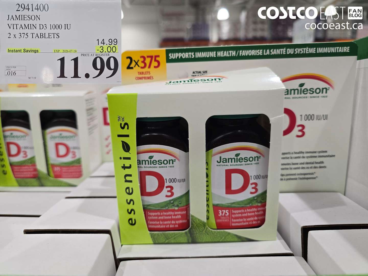 2941400 JAMIESON VITAMIN D3 1000 IU 2 X 375 TABLETS ($3.00 INSTANT SAVINGS EXPIRES ON 2026-07-19) $11.99