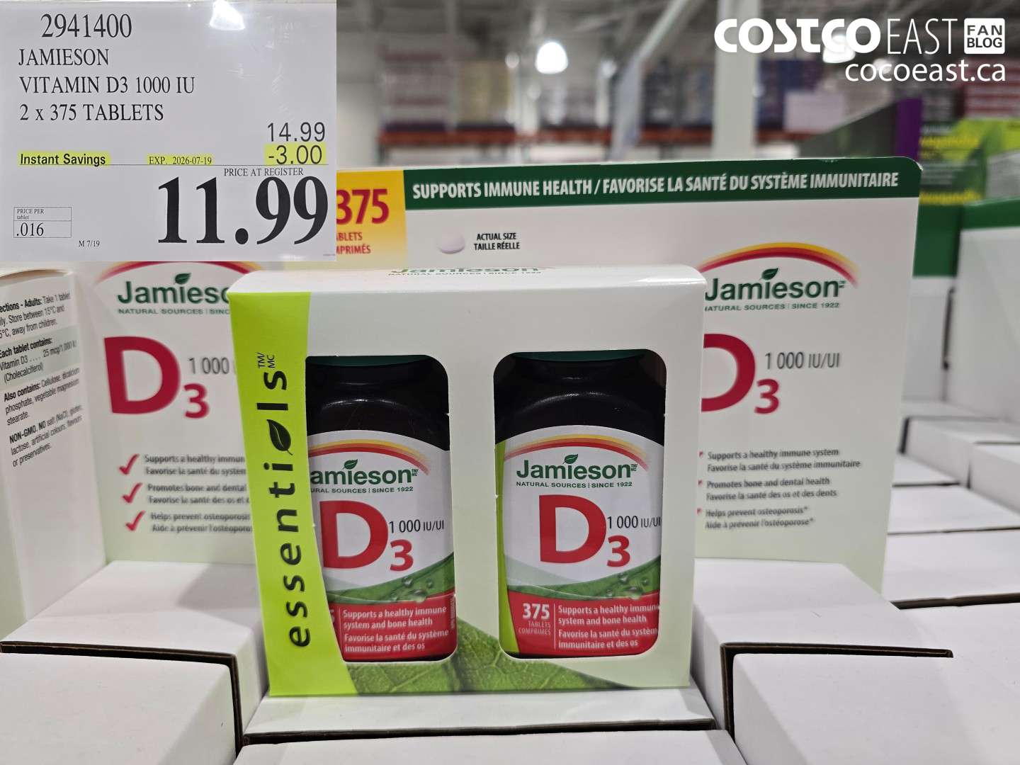 2941400 JAMIESON VITAMIN D3 1000 IU 2 X 375 TABLETS ($3.00 INSTANT SAVINGS EXPIRES ON 2026-07-19) $11.99