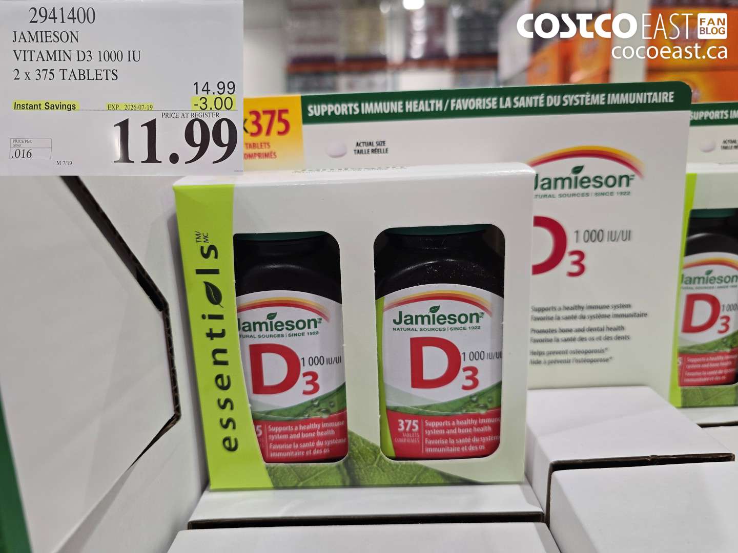 2941400 JAMIESON VITAMIN D3 1000 IU 2 X 375 TABLETS ($3.00 INSTANT SAVINGS EXPIRES ON 2026-07-19) $11.99