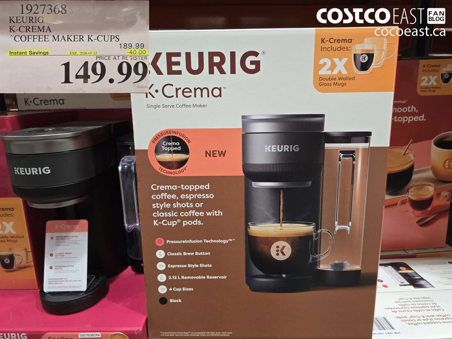 1927368 KEURIG K-CREMA COFFEE MAKER K-CUPS ($40.00 INSTANT SAVINGS EXPIRES ON 2026-07-12) $149.99