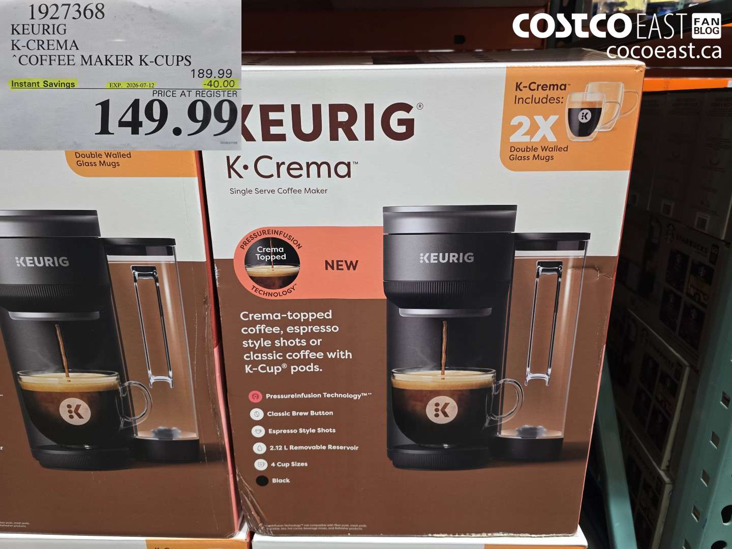 1927368 KEURIG K-CREMA COFFEE MAKER K-CUPS ($40.00 INSTANT SAVINGS EXPIRES ON 2026-07-12) $149.99
