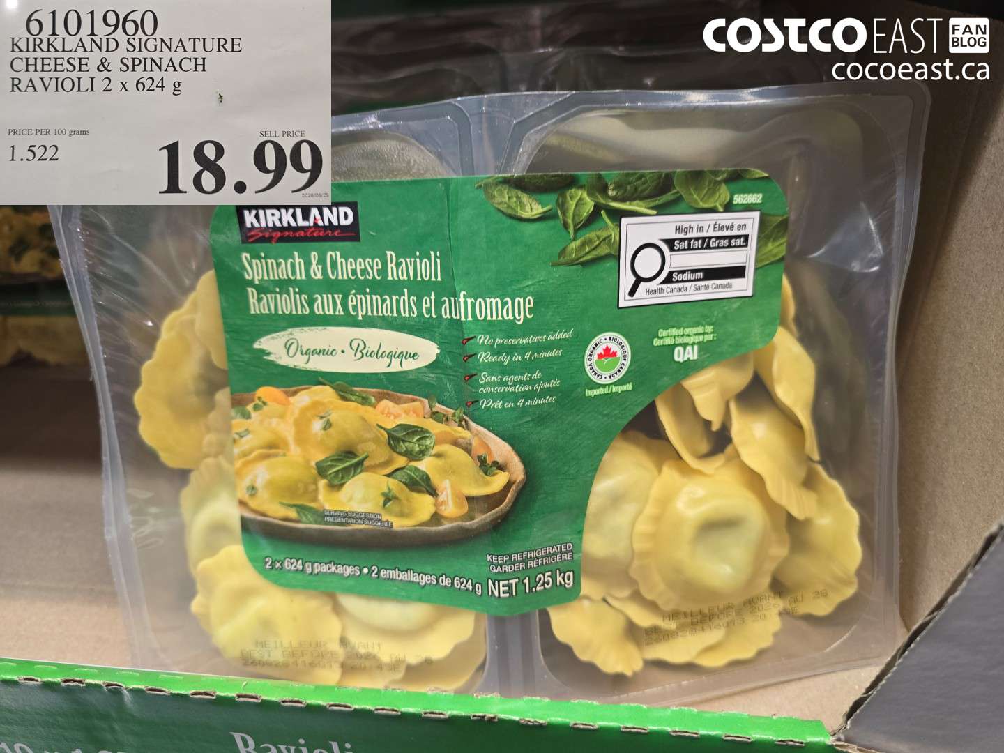 6101960 KIRKLAND SIGNATURE CHEESE & SPINACH RAVIOLI 2 X 624 G $18.99