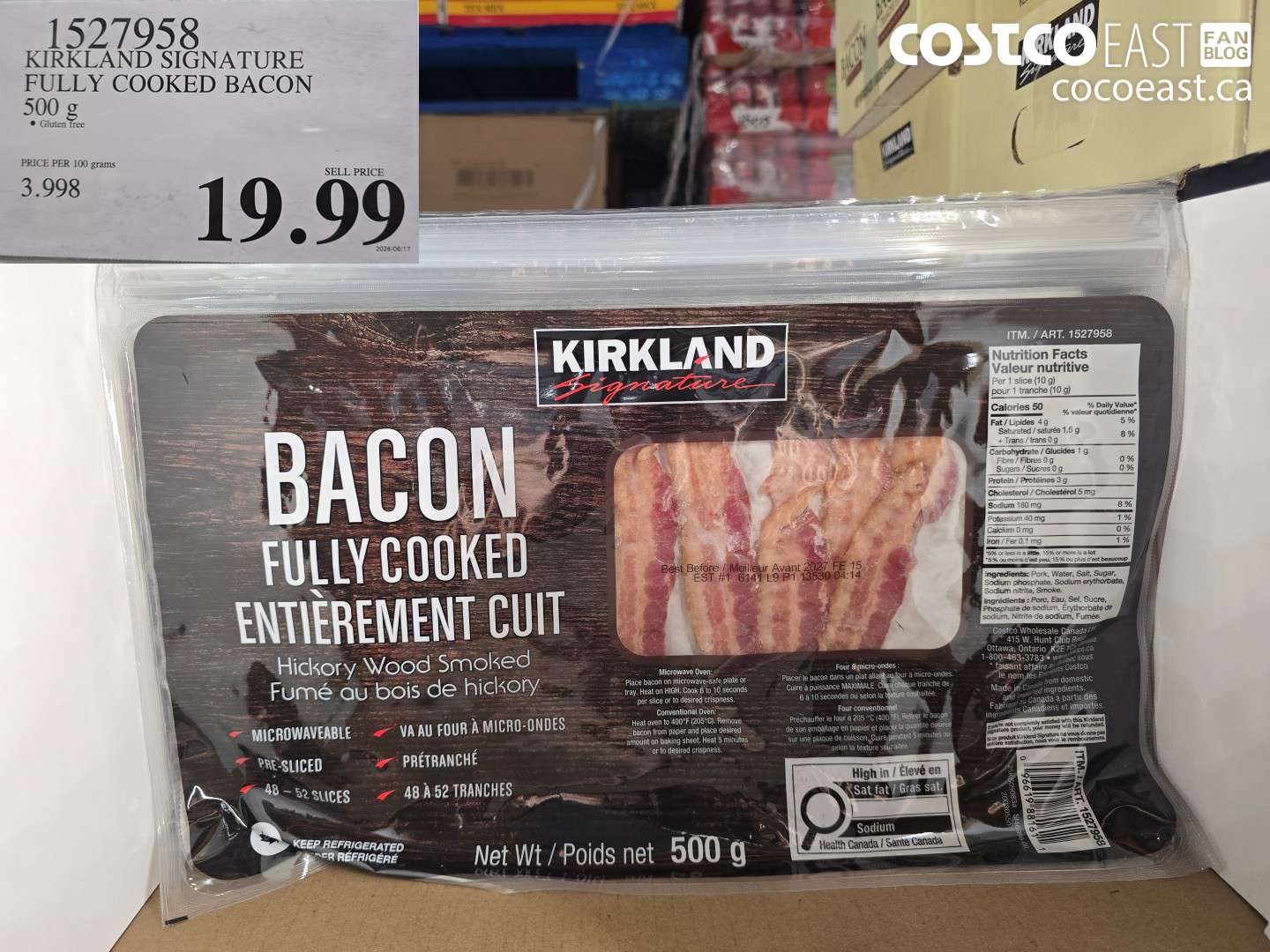 1527958 KIRKLAND SIGNATURE FULLY COOKED BACON 500 G $19.99