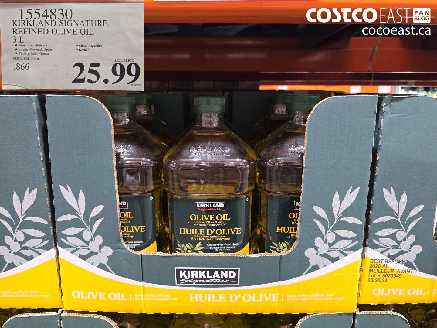 1554830 KIRKLAND SIGNATURE REFINED OLIVE OIL 3 L $25.99