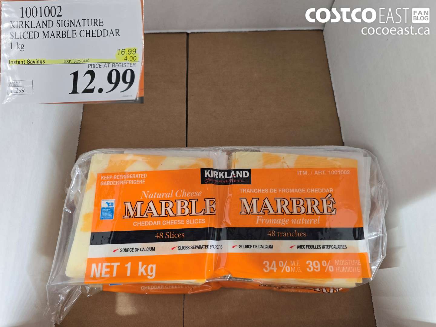 1001002 KIRKLAND SIGNATURE SLICED MARBLE CHEDDAR 1 KG ($4.00 INSTANT SAVINGS EXPIRES ON 2026-08-02) $12.99