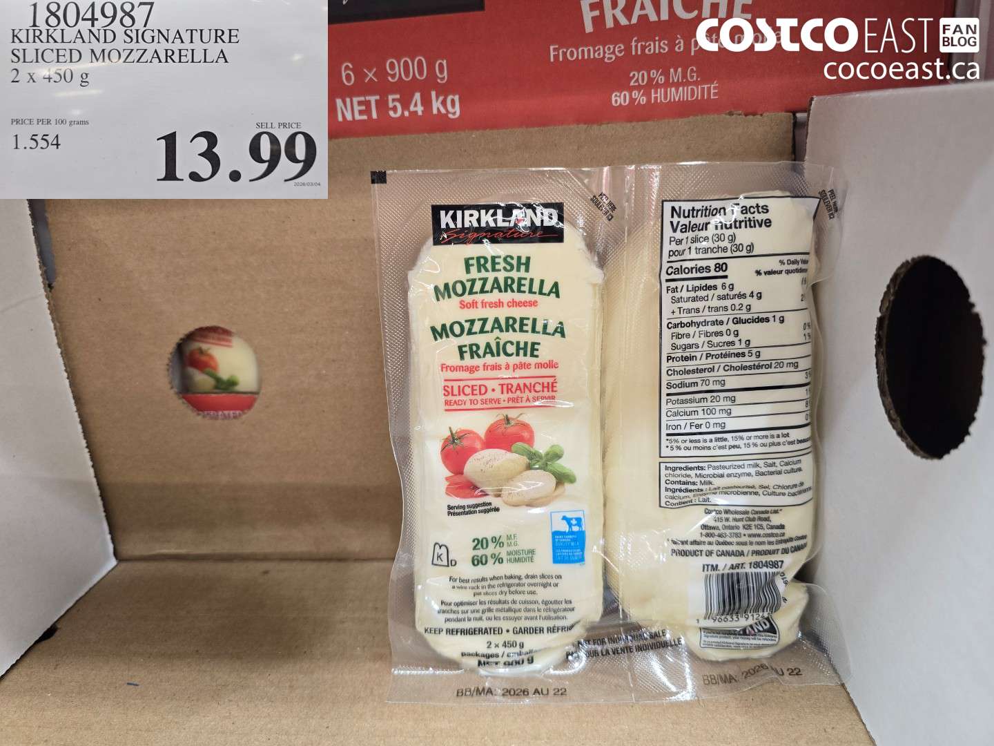 1804987 KIRKLAND SIGNATURE SLICED MOZZARELLA 2 X 450 G $13.99