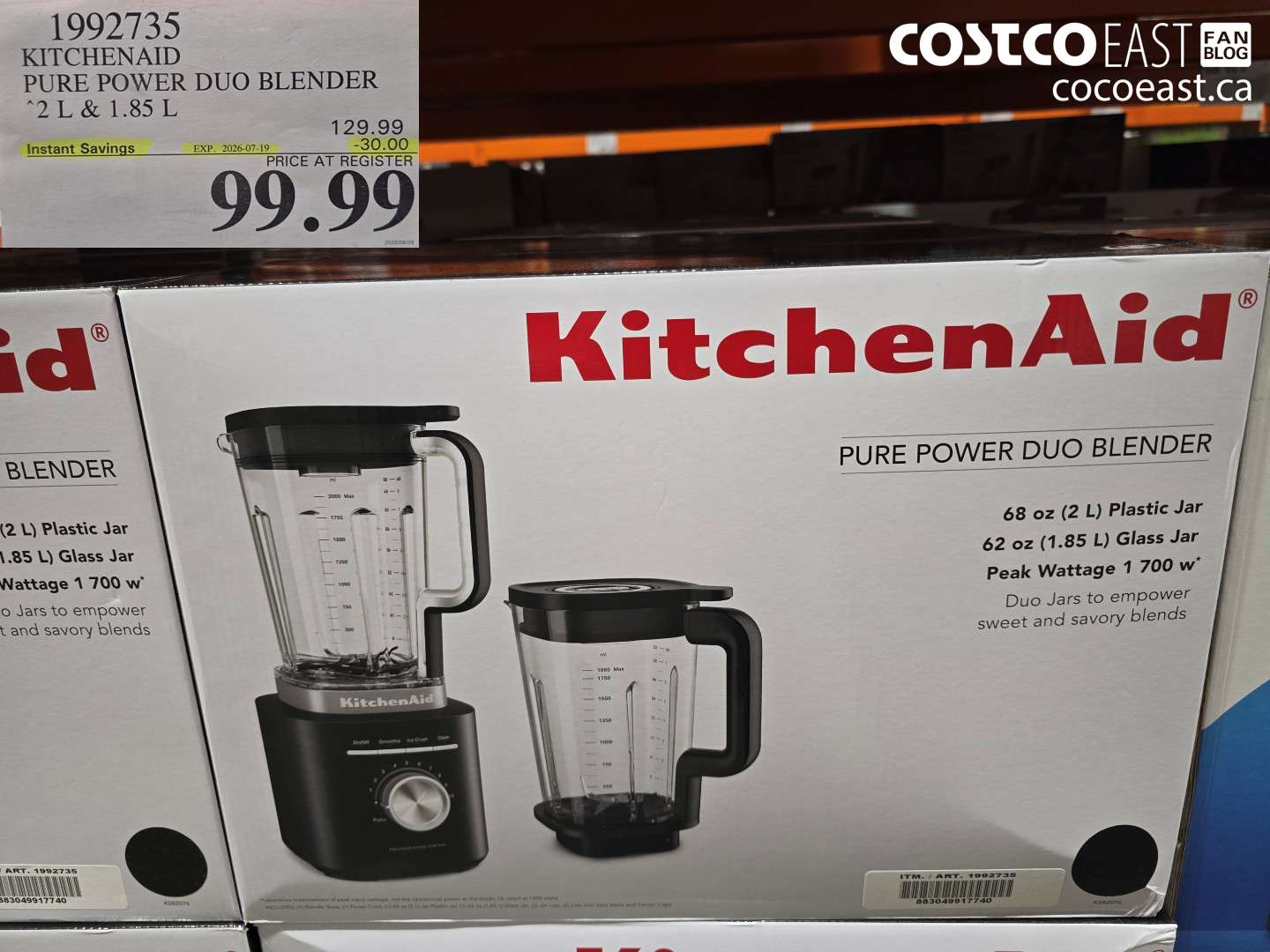 1992735 KITCHENAID PURE POWER DUO BLENDER 2 L & 1.85 L ($30.00 INSTANT SAVINGS EXPIRES ON 2026-07-19) $99.99