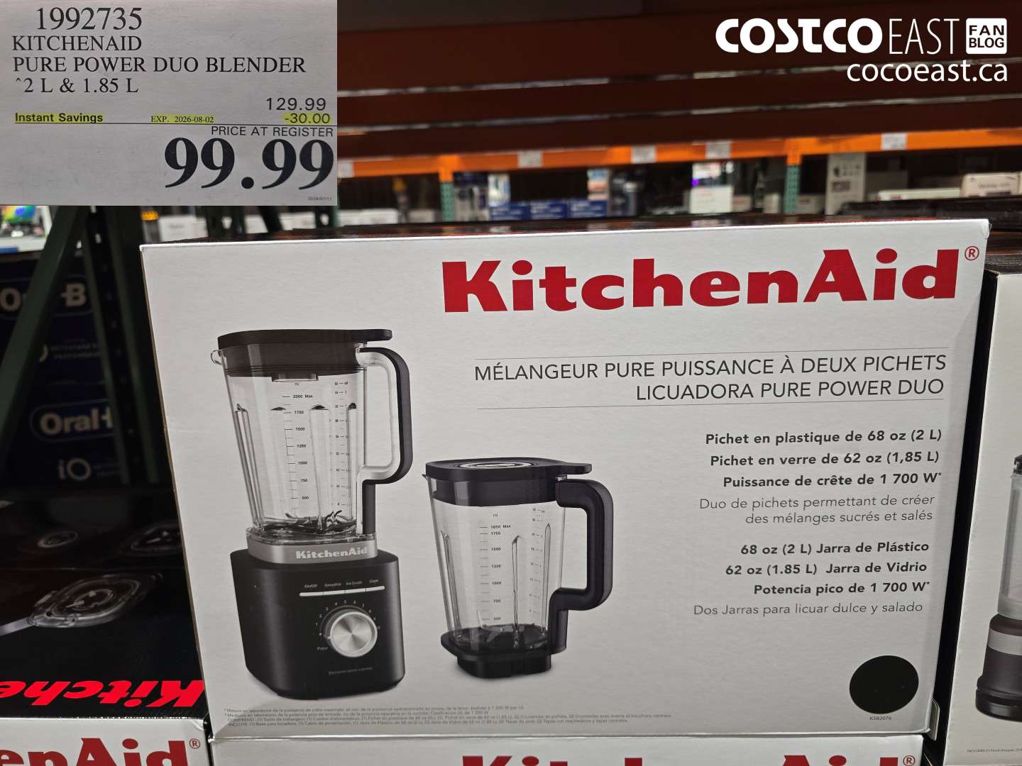 1992735 KITCHENAID PURE POWER DUO BLENDER 2 L & 1.85 L ($30.00 INSTANT SAVINGS EXPIRES ON 2026-08-02) $99.99