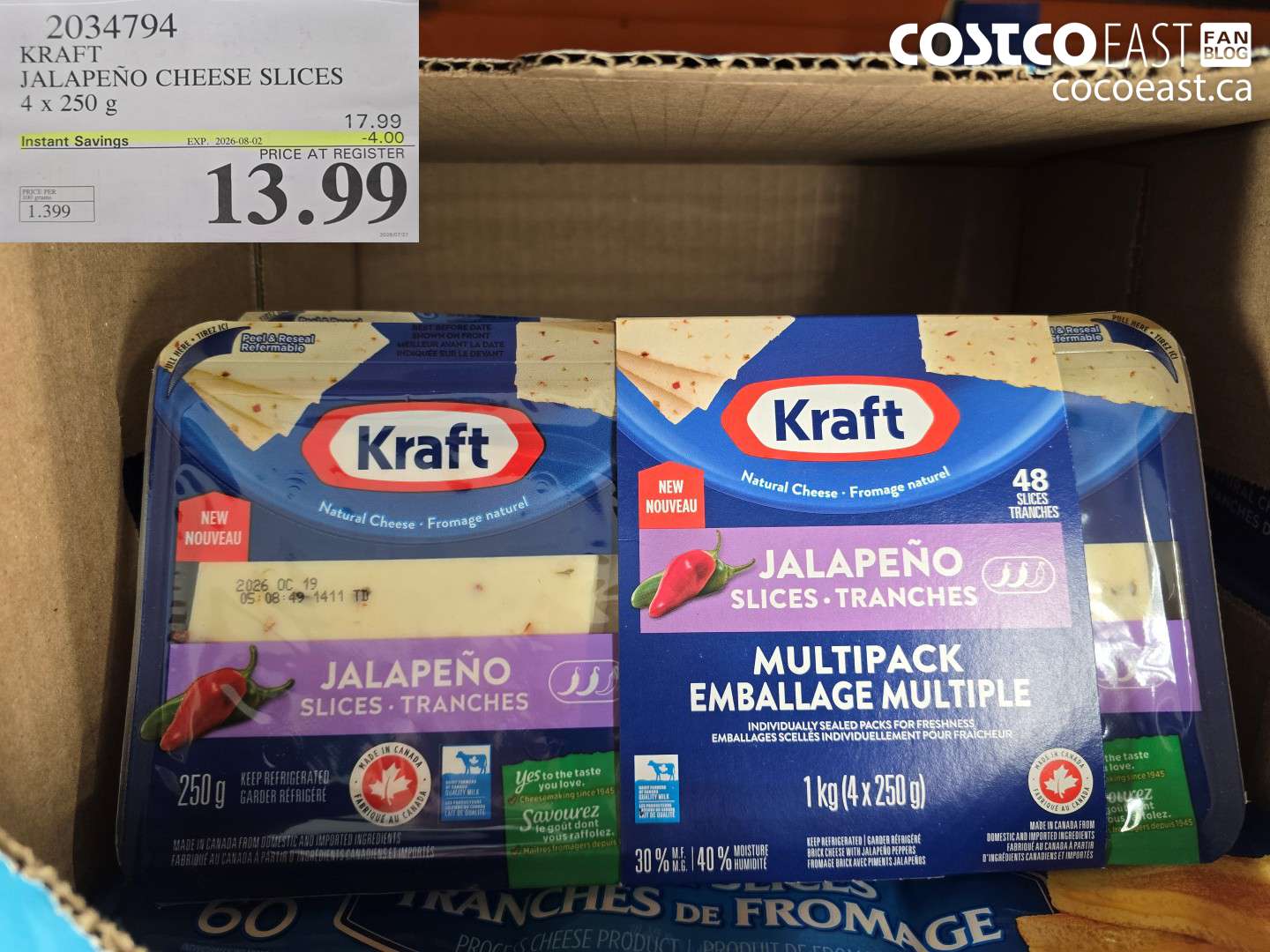 2034794 KRAFT JALAPEÑO CHEESE SLICES 4 X 250 G ($4.00 INSTANT SAVINGS EXPIRES ON 2026-08-02) $13.99