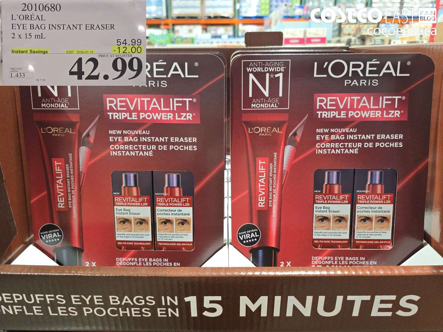 2010680 L'ORÉAL EYE BAG INSTANT ERASER 2 X 15 ML ($12.00 INSTANT SAVINGS EXPIRES ON 2026-07-19) $42.99