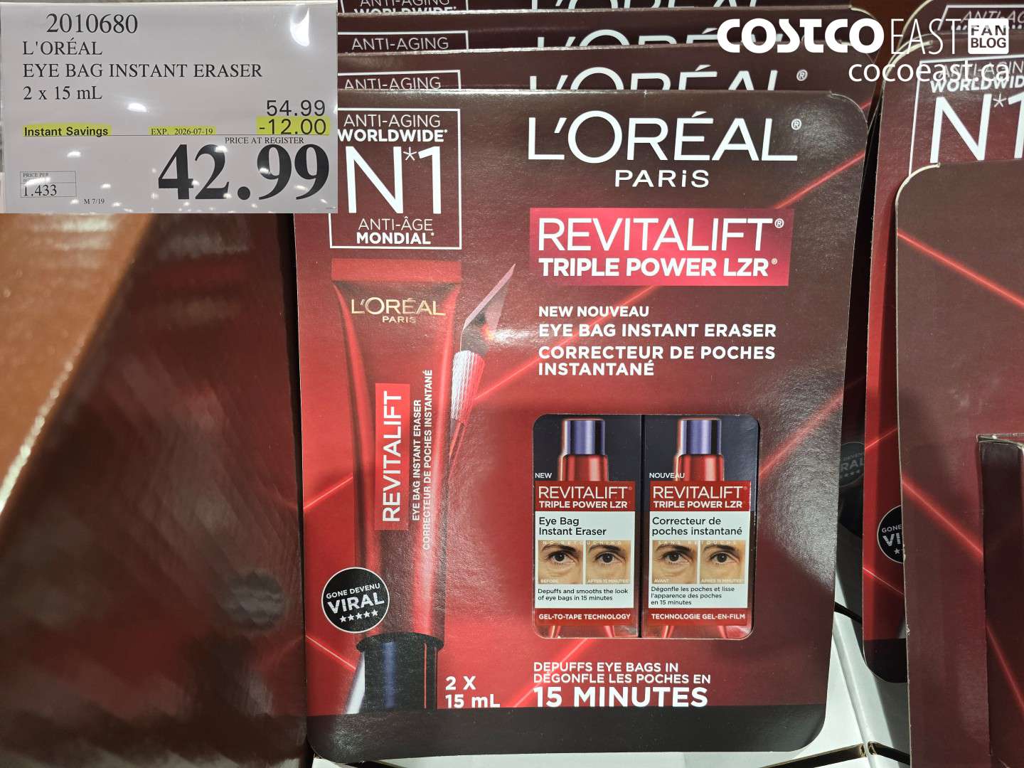 2010680 L'ORÉAL EYE BAG INSTANT ERASER 2 X 15 ML ($12.00 INSTANT SAVINGS EXPIRES ON 2026-07-19) $42.99
